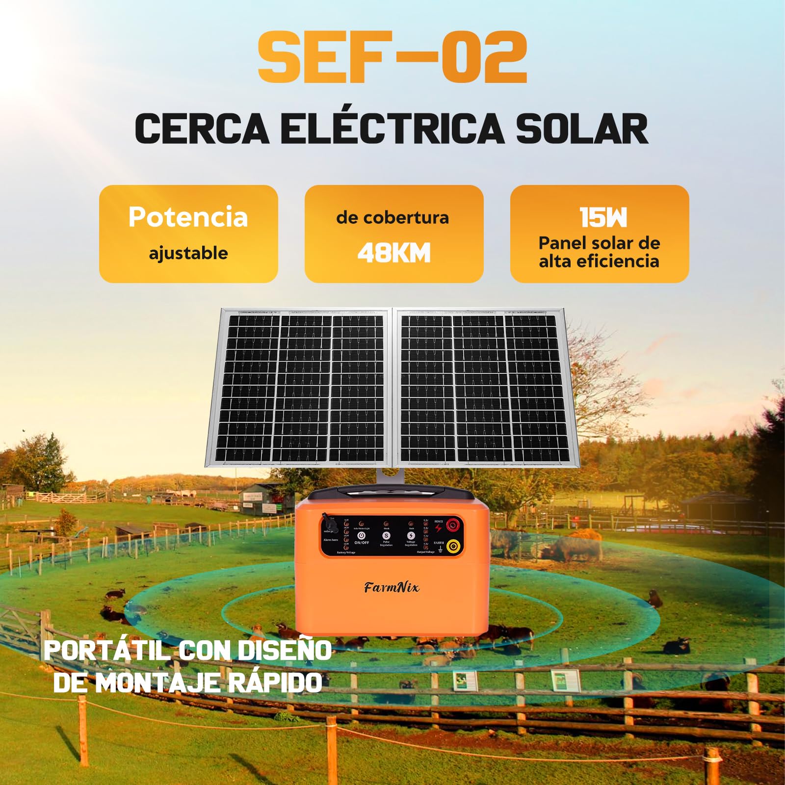 48KM Solar Pastor Electrico, 0.3- 1.5J 6-12KV Ajustable Cerca eléctrica Controlador para Granja de animales, Pastor Eléctrico Electrificador para Ganado, Aves, Granja