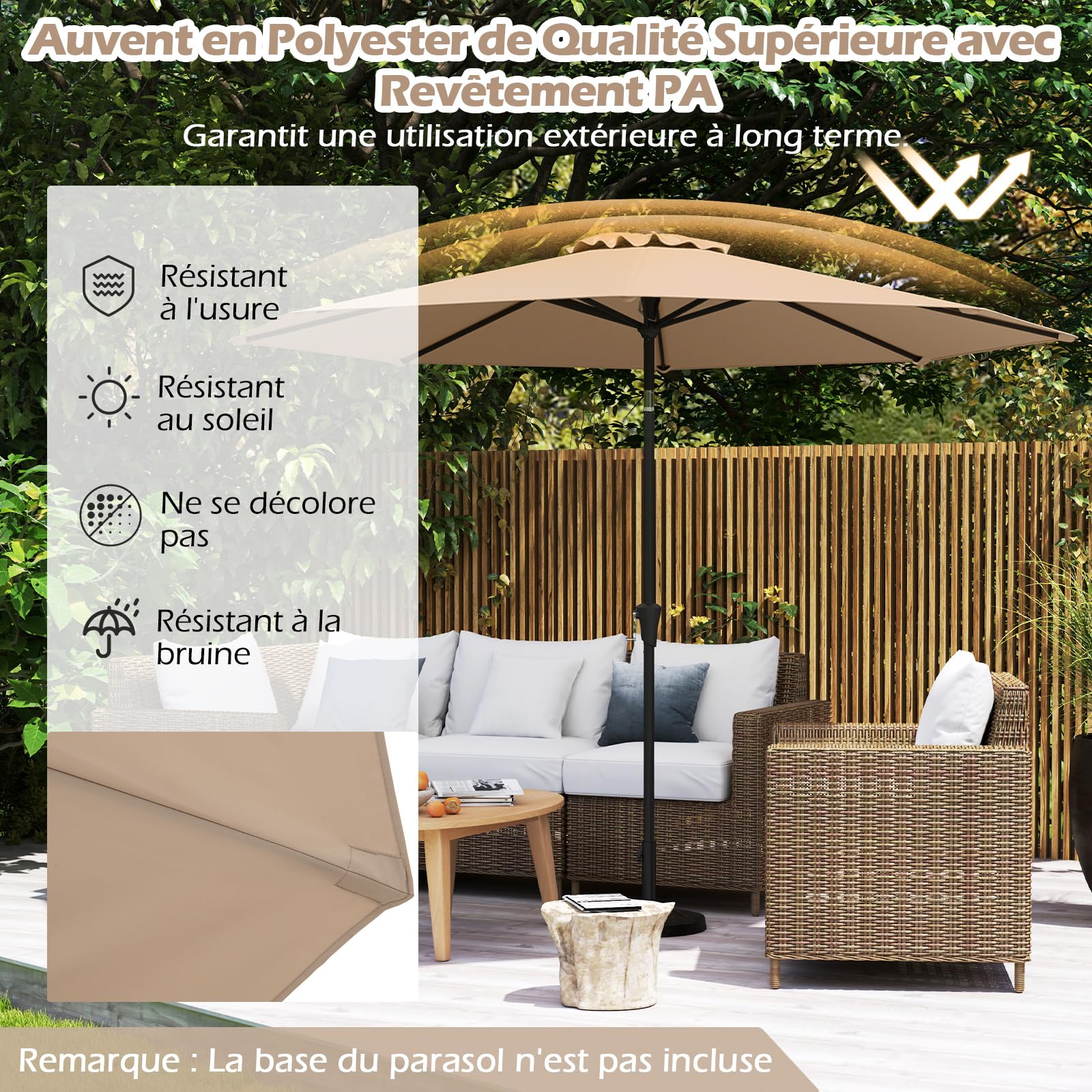 GOPLUS Parasol de Jardin Exterieur 3M, Grand Parasol Inclinable de 25° avec Manivelle, 8 Baleines Renforcés, Anti-UV, pour Terrasse Plage Balcon Patio, sans Base (Marron)