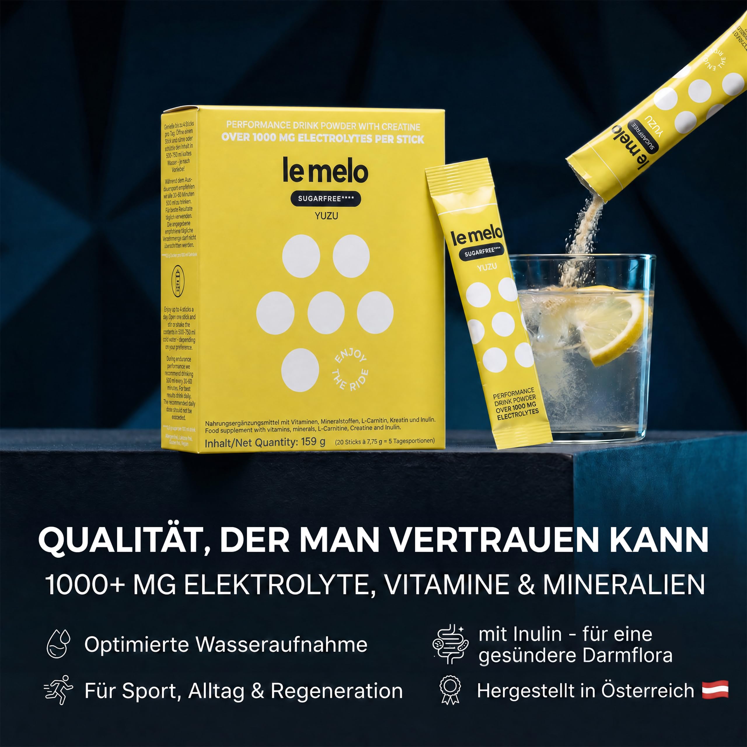 le melo® Elektrolytgetränk | 1.000+ mg Elektrolyte, Vitamine & Mineralstoffe | Optimiert Wasseraufnahme | Für Sport & Alltag & Erholung | Mit Kreatin | SUGARFREE YUZU 20er Pack