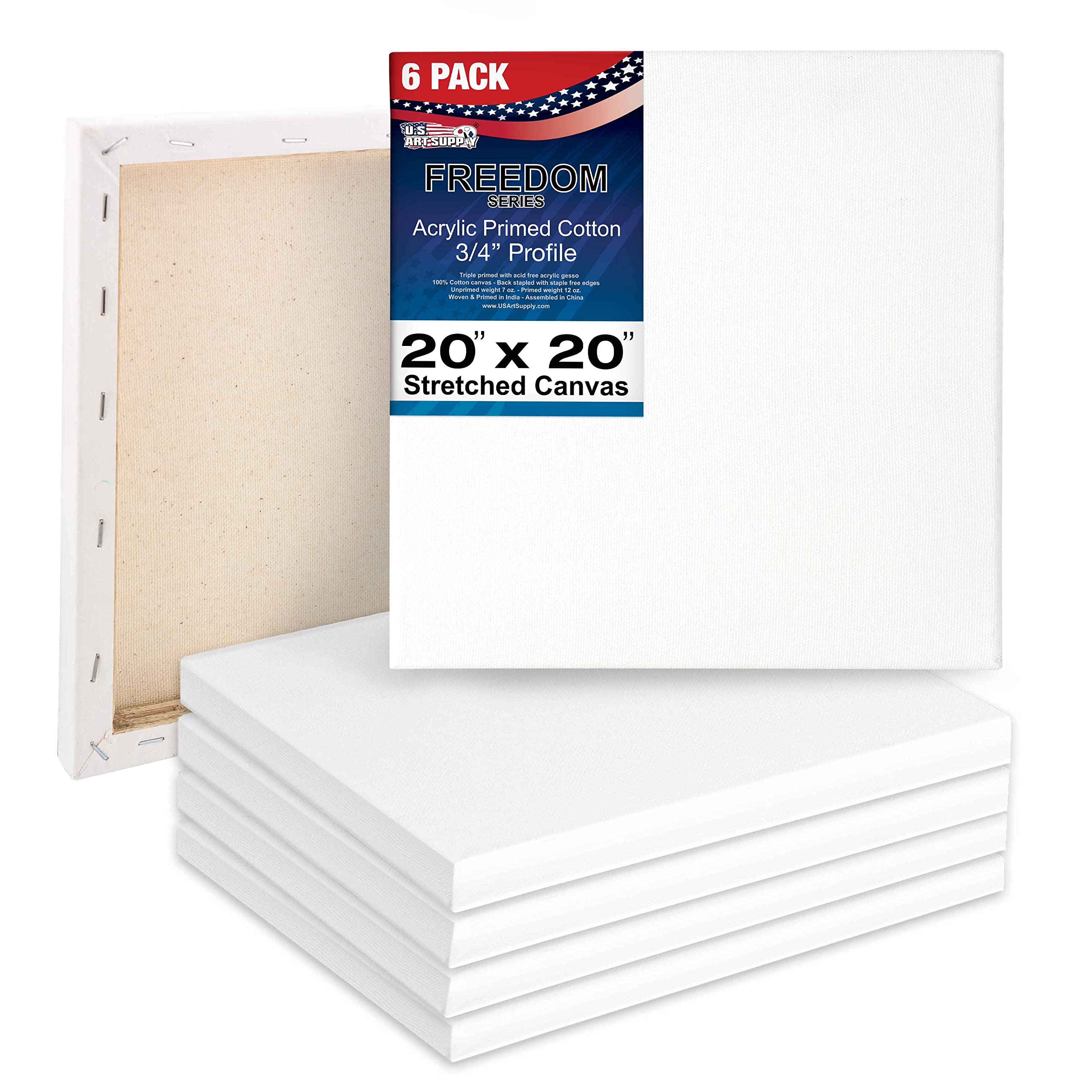 U.S. Art Supply 20 x 20 inch Stretched Canvas 12-Ounce Triple Primed, 6-Pack - Professional Artist Quality White Blank 3/4" Profile, 100% Cotton, Heavy-Weight Gesso - Acrylic Pouring, Oil Painting
