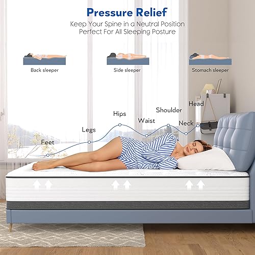 Miniatura 5 de Colchón de tamaño matrimonial, colchón matrimonial de 10 pulgadas en una caja, colchón híbrido con espuma viscoelástica y bobinas en bolsillos para