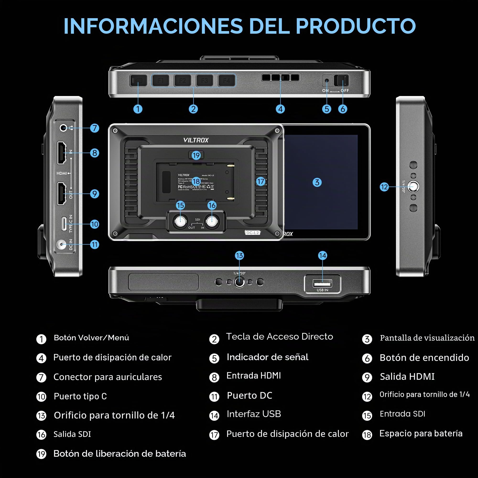 VILTROX DC-L2 7" SDI Monitor de Campo para cámara, Pantalla táctil IPS HD 1280x800 con Entrada/Salida HDMI y SDI 4K, 600 nits LUT 3D, Focus Peaking Asistencia Video, Forma Onda Completa, batería F550