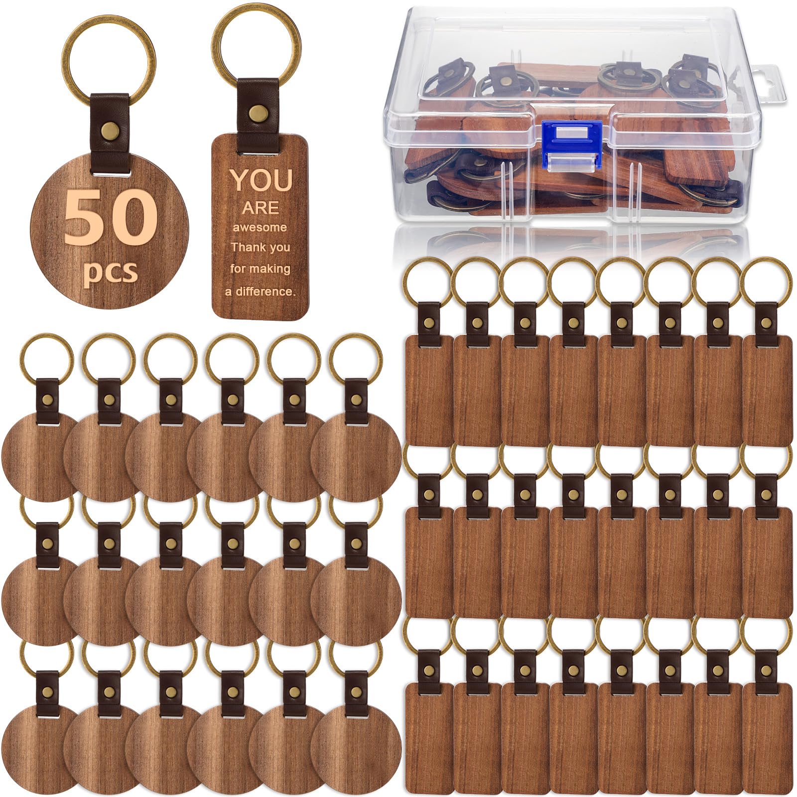 Inbagi Blank Wooden Keychains Leather Keychains for Engraving Blanks Keychain with Container for DIY Employee Gifts Craft