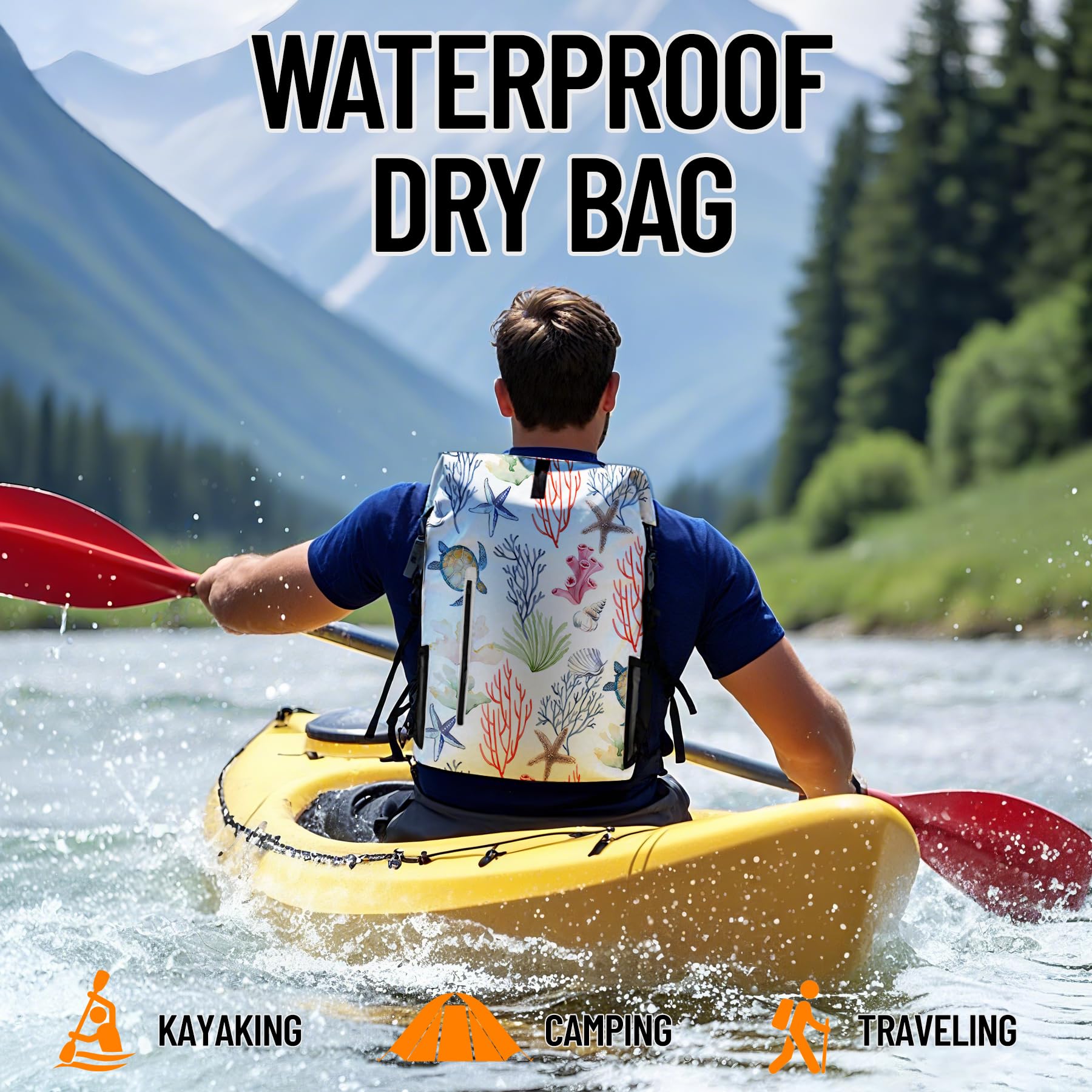 Bolsa seca impermeable resistente para kayak, senderismo, tortuga marina, coral, náutica, estrella de mar, mochila con cierre enrollable, funda impermeable para teléfono 35L/55L/85L
