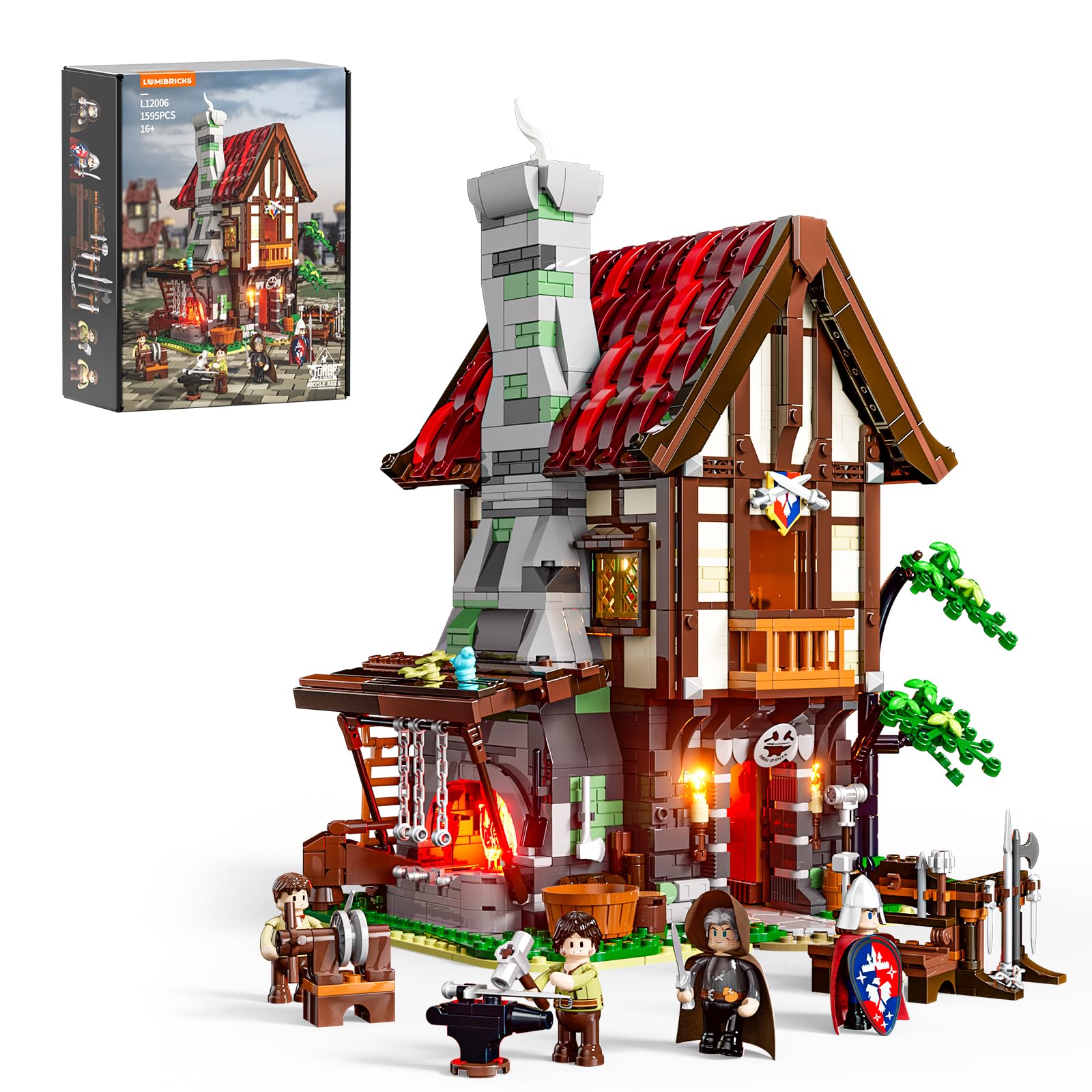 Lumibricks Medieval Forge Building Set with LED Lighting - 1595 Clamping Blocks Model Building Set for Adults, Realistic Half-timbered Forge with LED Lighting, Expandable Medieval Module