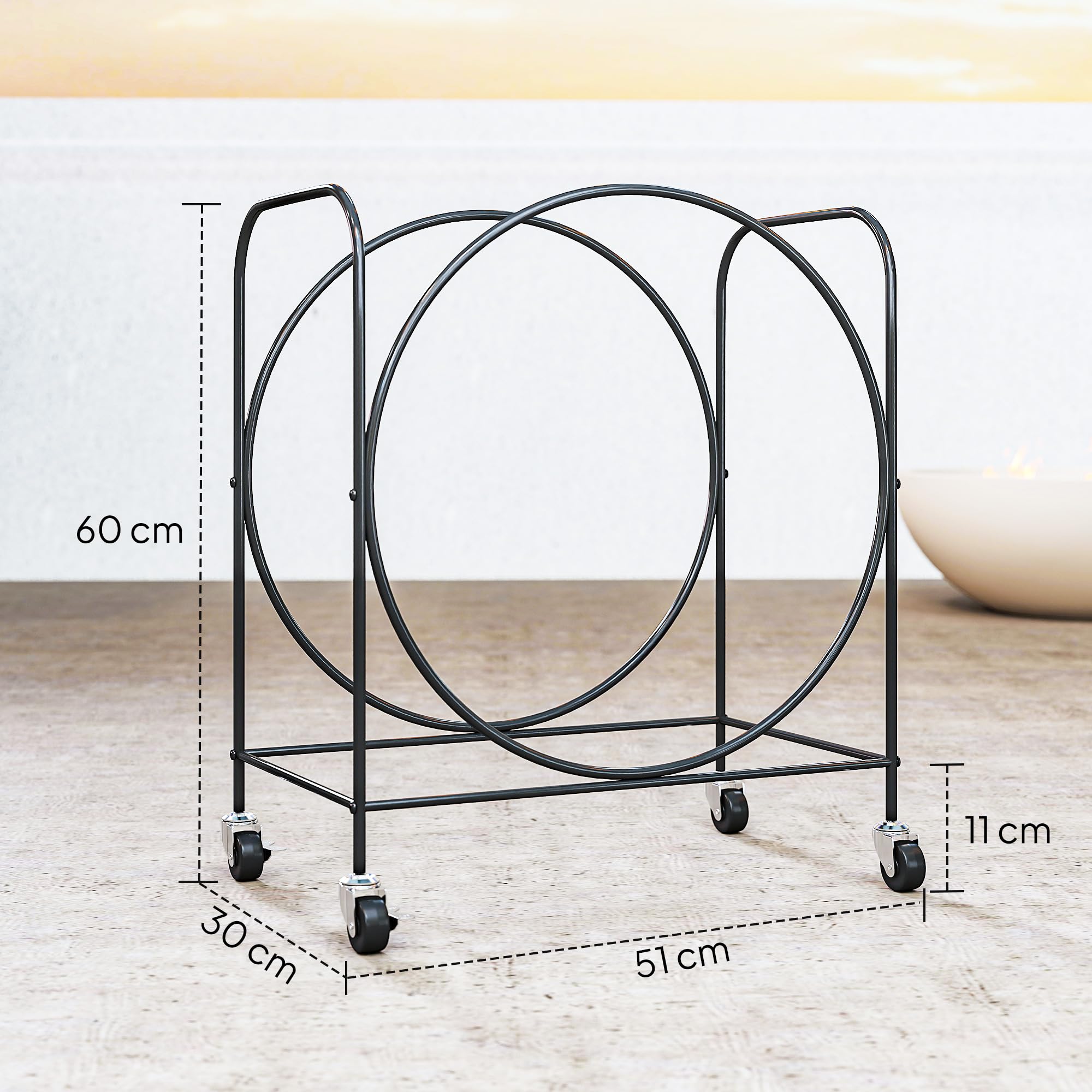 Outsunny Estante de Leña de Metal con Ruedas, Leñero Exterior e Interior, Soporte para Leña de Chimenea, Almacenamiento para Madera, 51x30x60 cm, Negro
