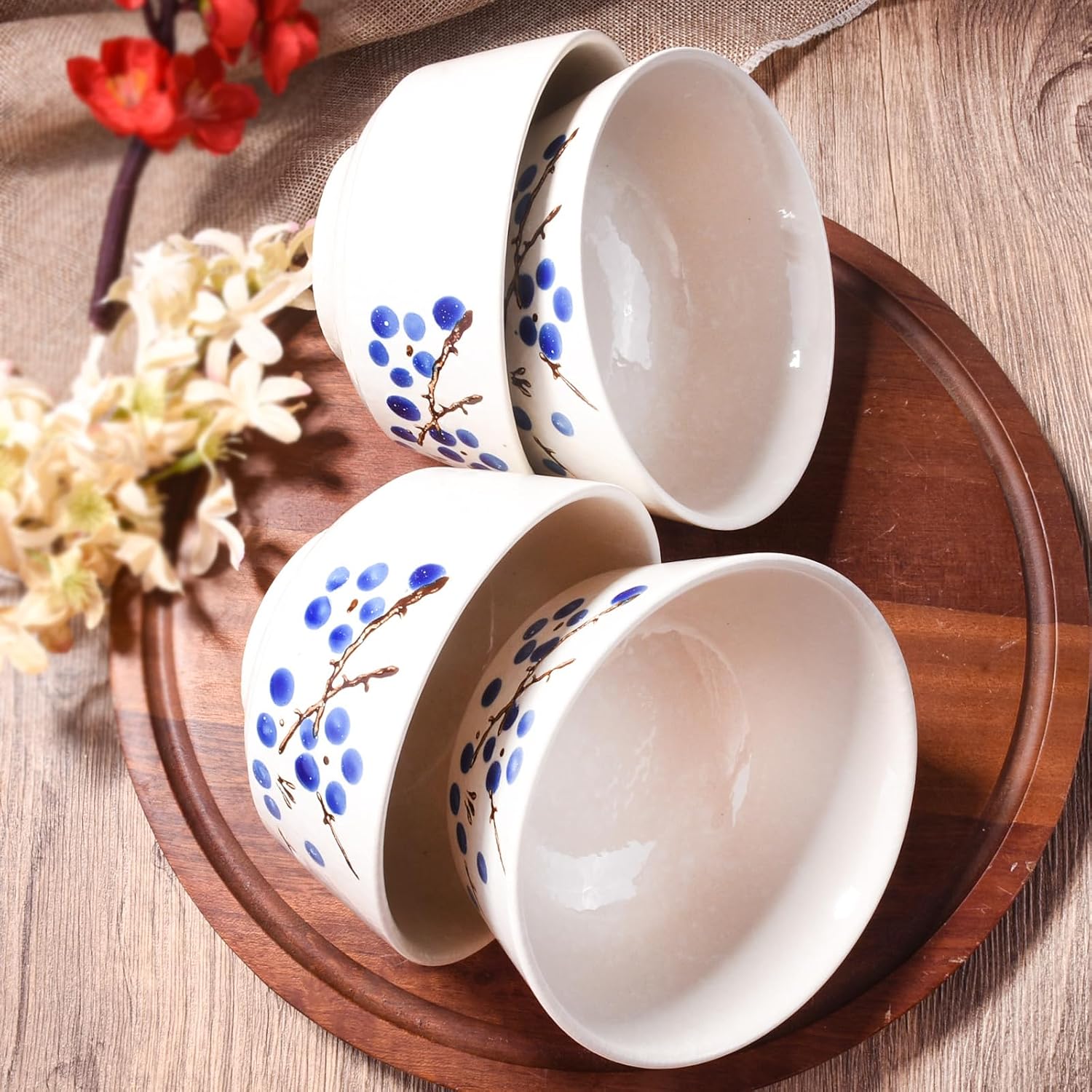 Ceramic Rice Bowl Set of 4, 5 Inch Japanese Blue Plum Cereal Bowls