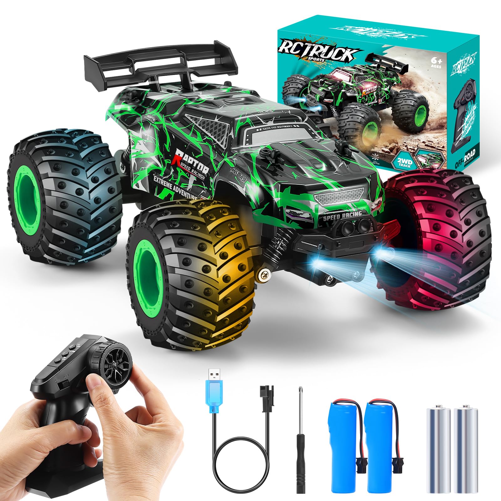Remote Control Car, 1:18 Rc Cars, All-Terrain RC Truck with LED Light, 20KM/H, Rechargeable, 2WD, 2.4GHz, Sturdy PVC Shell, Remote Control Truck for Boys 4-7 8-12, Beginner (Green)