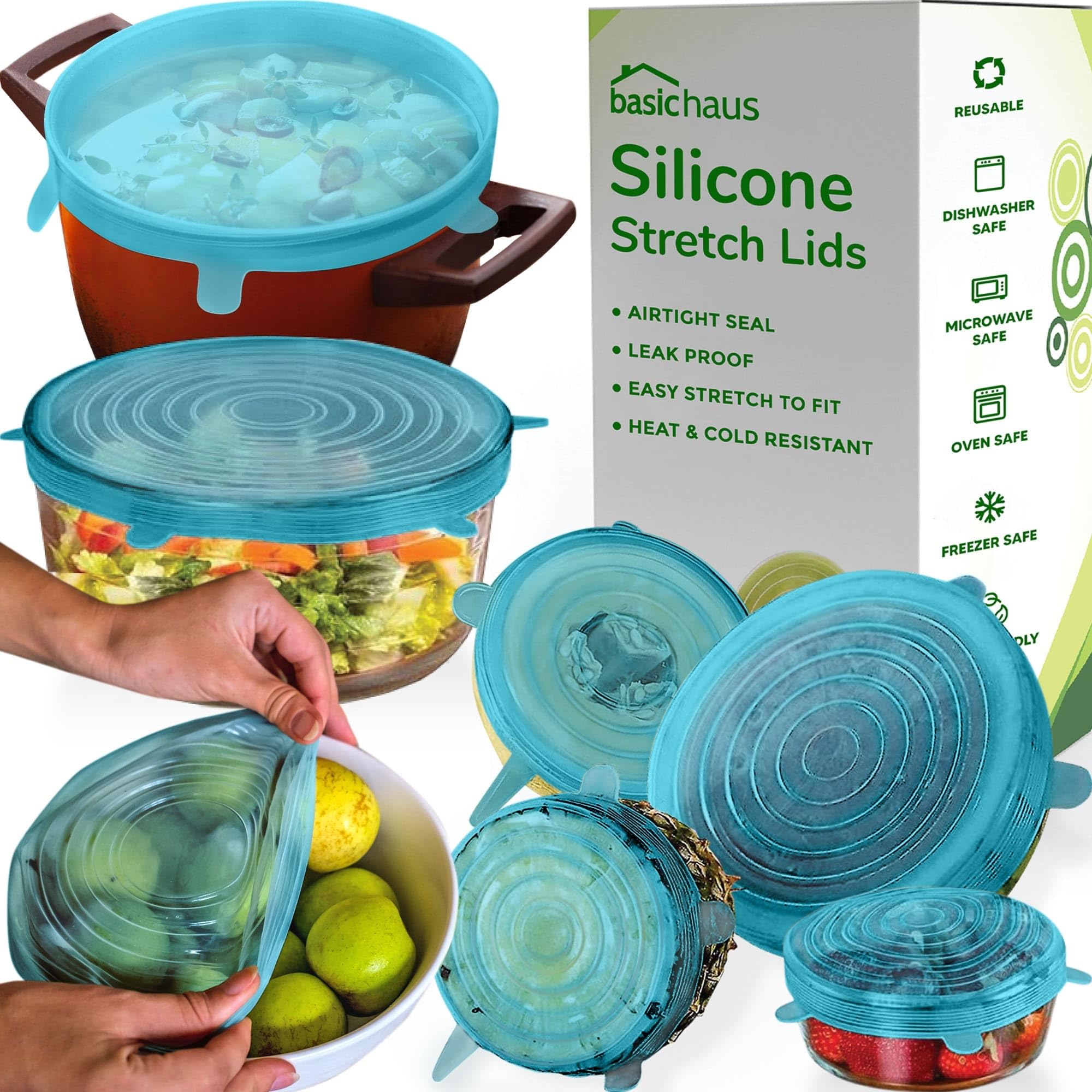 Reusable Silicone Stretch Lids for Food Storage in Fridge - Elastic Heat-Resistant Bowl Covers, Cups, Cans, Jars - Universal Food Grade Lid for Containers - 7 Pack - Blue Mist Stretchy Lid Set