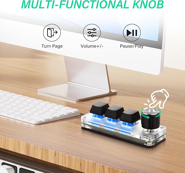 SinLoon Mini-Programmierbare Mechanische Tastatur mit 3 Tasten & 1 Drehregler für Makro-Kurzbefehle | PC-Einrichtung für Mehrgerätenutzung | Tragbare, Hot-Swappable-Makrotastatur für Gaming, Büro, Bea - 2