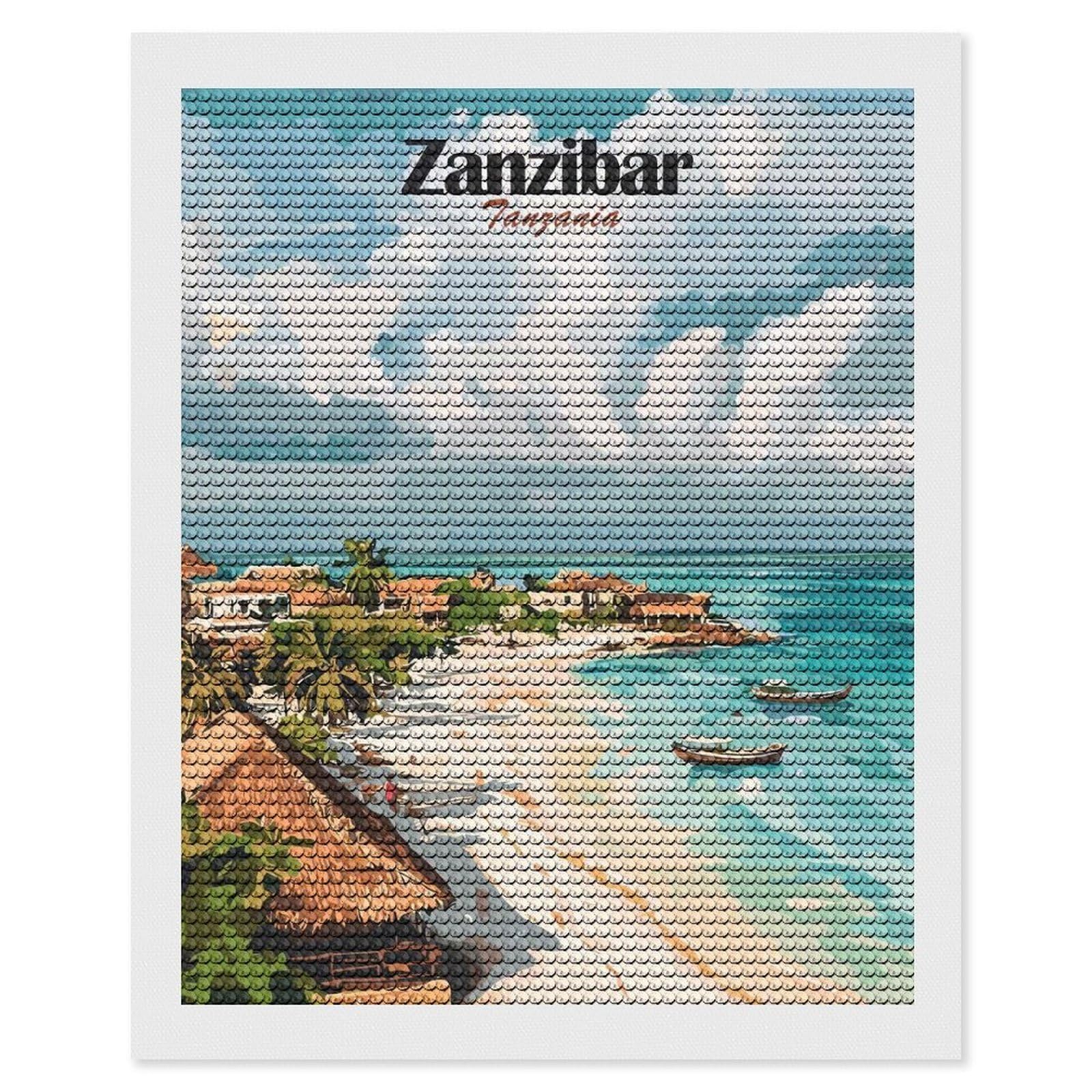 Junmoney Zanzibar Beach Scene Round Drill Diamond Painting 16"x20", for Women, Relaxing DIY Hobby, Bedroom Decor, Christmas Gift, Adhesive Canvas