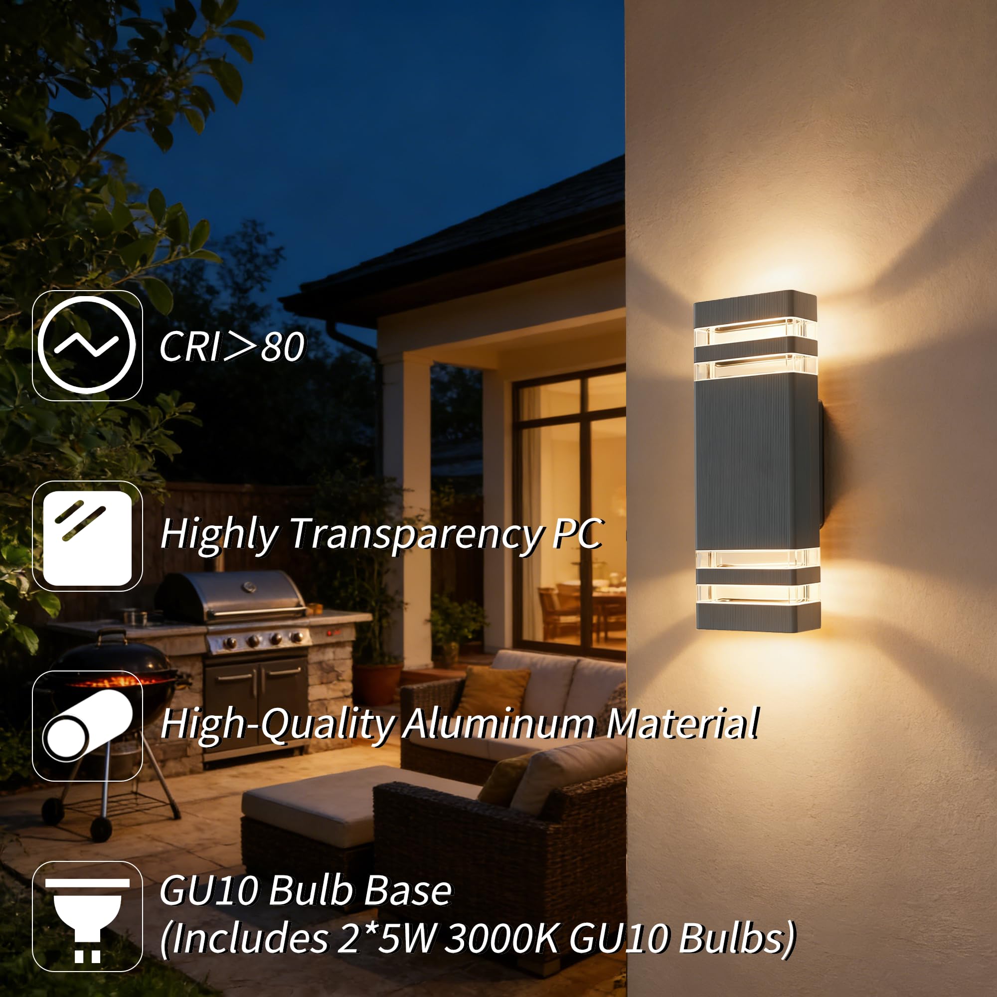 JNR Aussenlampe Wand IP54 Wasserdichte LED Wandleuchte Aussen, Außenlampe Wand 2 * 5w GU10 3000K Warmweiß Glühbirne, Außenleuchte Wand LED Aussenleuchte, Anthrazit Grau