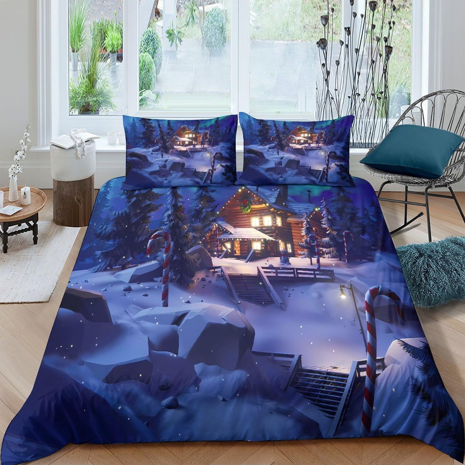 Ctjqhvkz Style-5 3D Printed Winter Cabin Fitted Sheet Microfiber Soft Bedroom Decor Snow Forest Mattress Cover For All Ages Single（135X200cm）