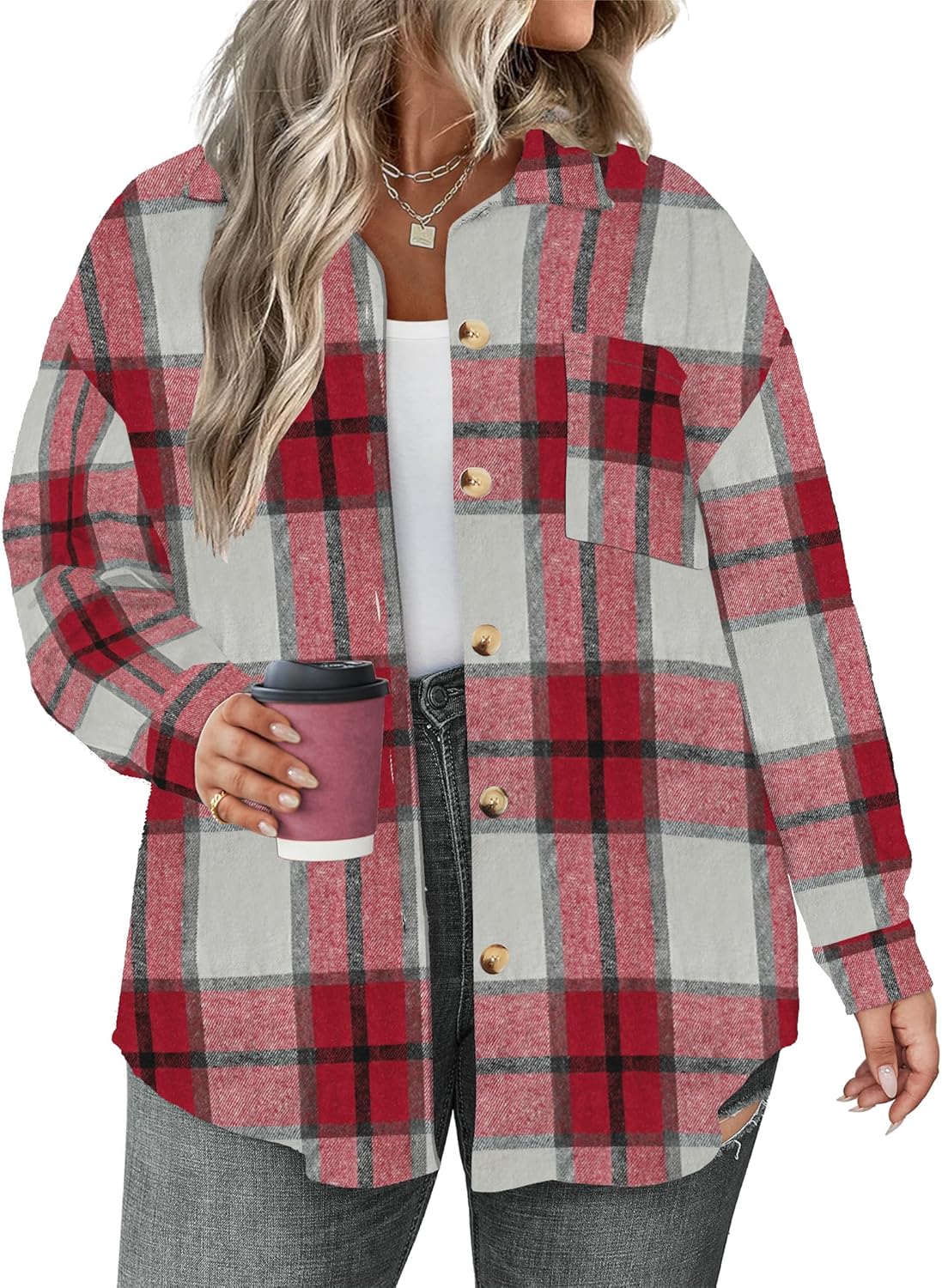 Plus Size Plaid Shacket Jacket for Women Long Sleeve Button Down Blouses Flannel Shirts Casual Coats XL-5XL