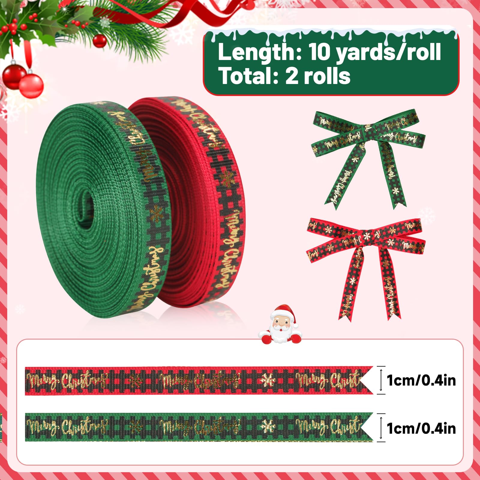 KINGLAKE 2 Rolls x 10 Yards Merry Christmas Ribbon for Gift Wrapping 10mm Red Green Satin Ribbon Plaid Christmas Ribbons for Crafting Xmas Tree - Image 2