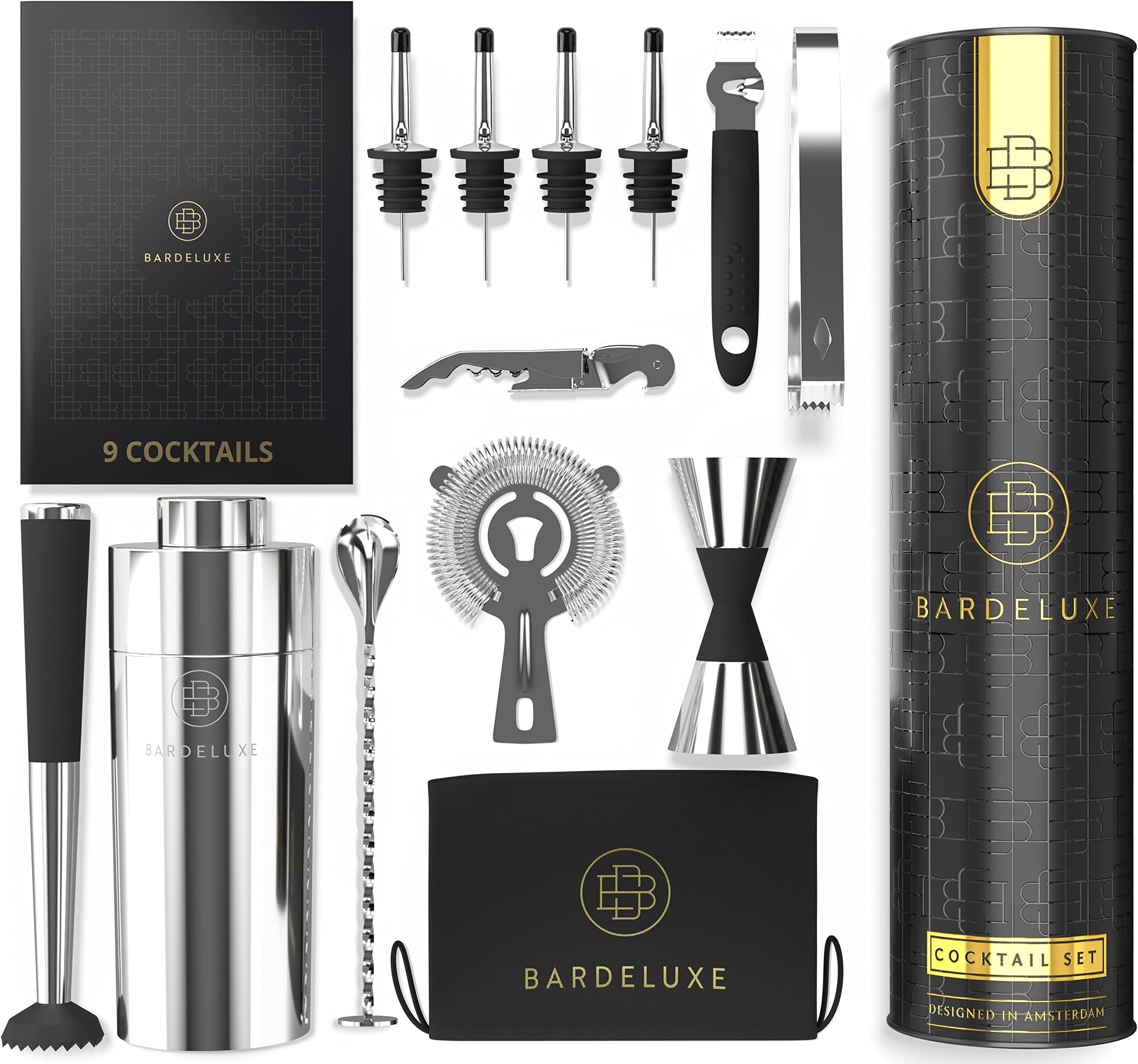 BarDeluxe® Kit Cocktail, 12 Pièces, Kit Cocktail Professionnel | Shaker Cocktail 750ml, Acier Inoxydable | Cocktail Shaker Kit, Kit Barman, Cocktail Kit | Set de Cocktail (Argent)