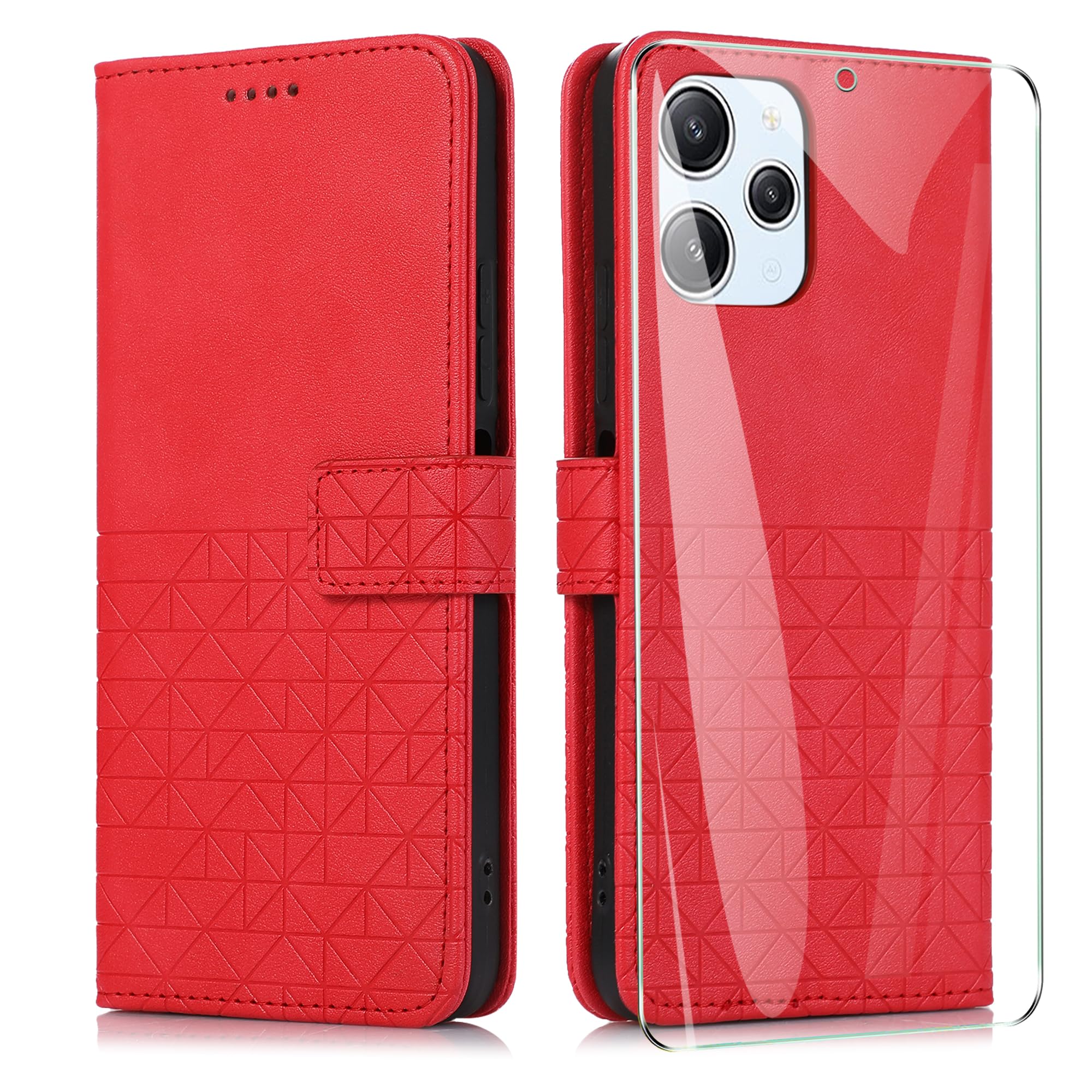 Cover Premium In Pelle Con Vetro Temperato Per Xiaomi Redmi 12 4G/5G - Portafoglio Magnetico Antiurto (Blu)