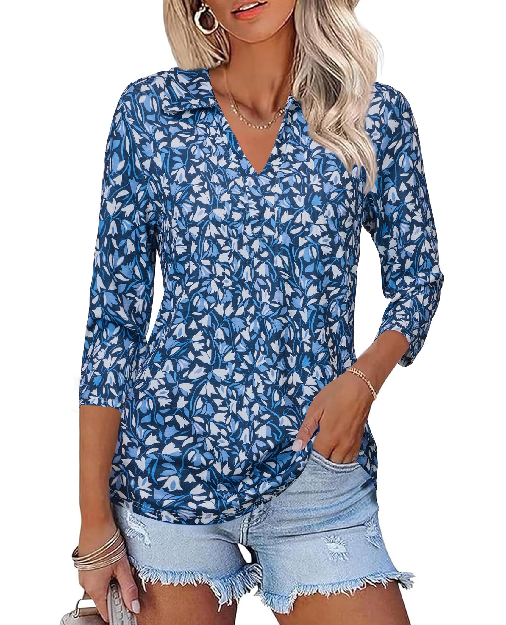 Womens Spring Tunic Tops 2025 3/4 Sleeve Polo Shirts V Neck Collared Tops Business Casual Work Blouses Dressy
