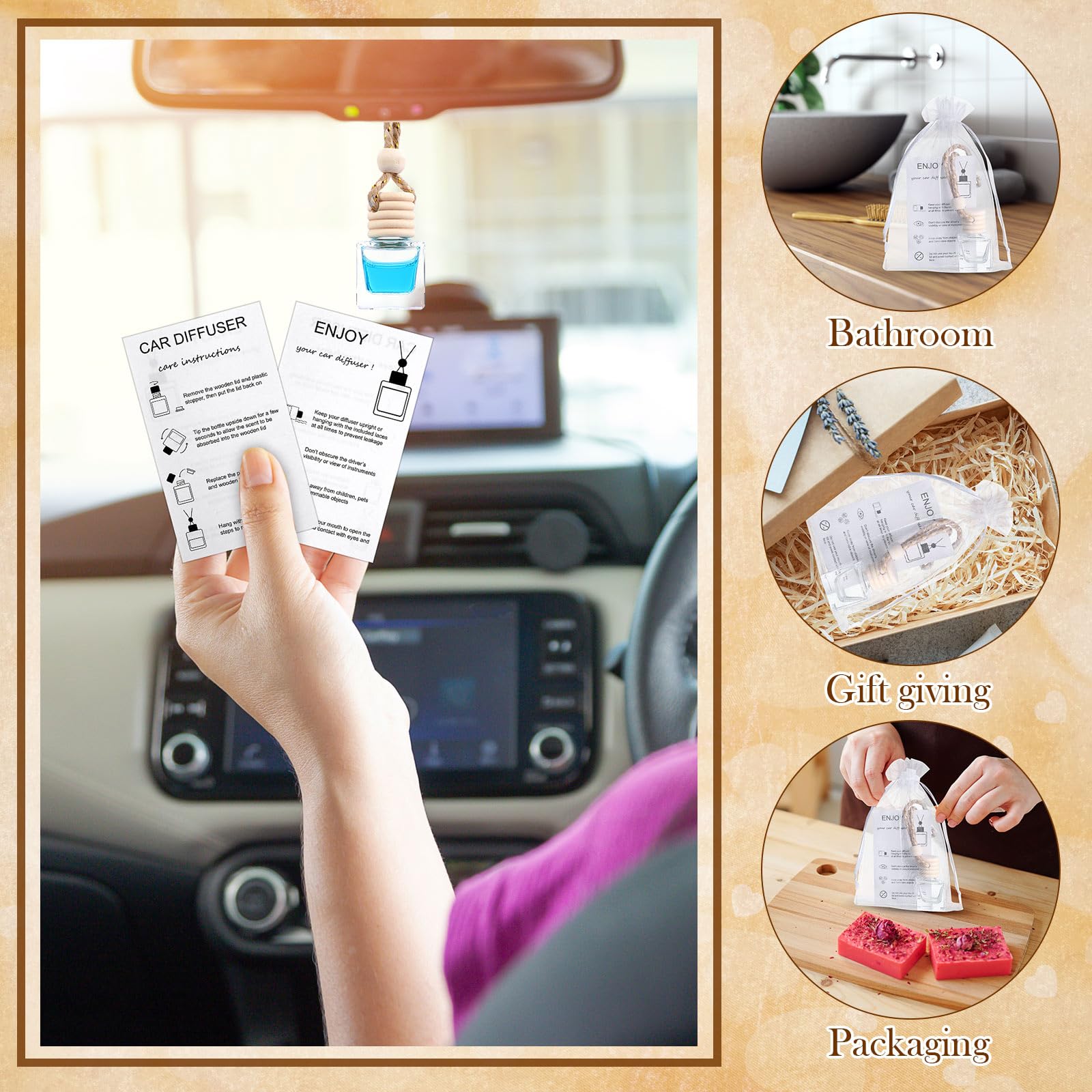 Boao Set di 25 flaconi profumatori per auto con diffusore per auto, con istruzioni (lingua italiana non garantita), sacchetti in organza vuoti, ricaricabili, per oli essenziali, profumi, aromaterapia