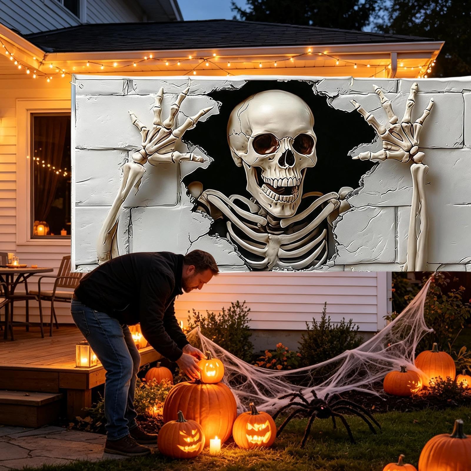 Halloween baner do bramy garażowej, 1,8 x 4 m, wielokrotnego użytku, czaszka Halloween | Ściana garażowa tło baner do użytku na zewnątrz dom podwórko noc księżyca nawiedzony dom wakacje ściana okno impreza