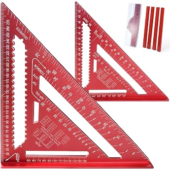 2 x Carpenter's Square 7 Inch and 12 Inch Triangle Protractor Aluminium Alloy Multifunctional Measuring Tool with 4-Piece Ruler Set 4 Pencil Leads