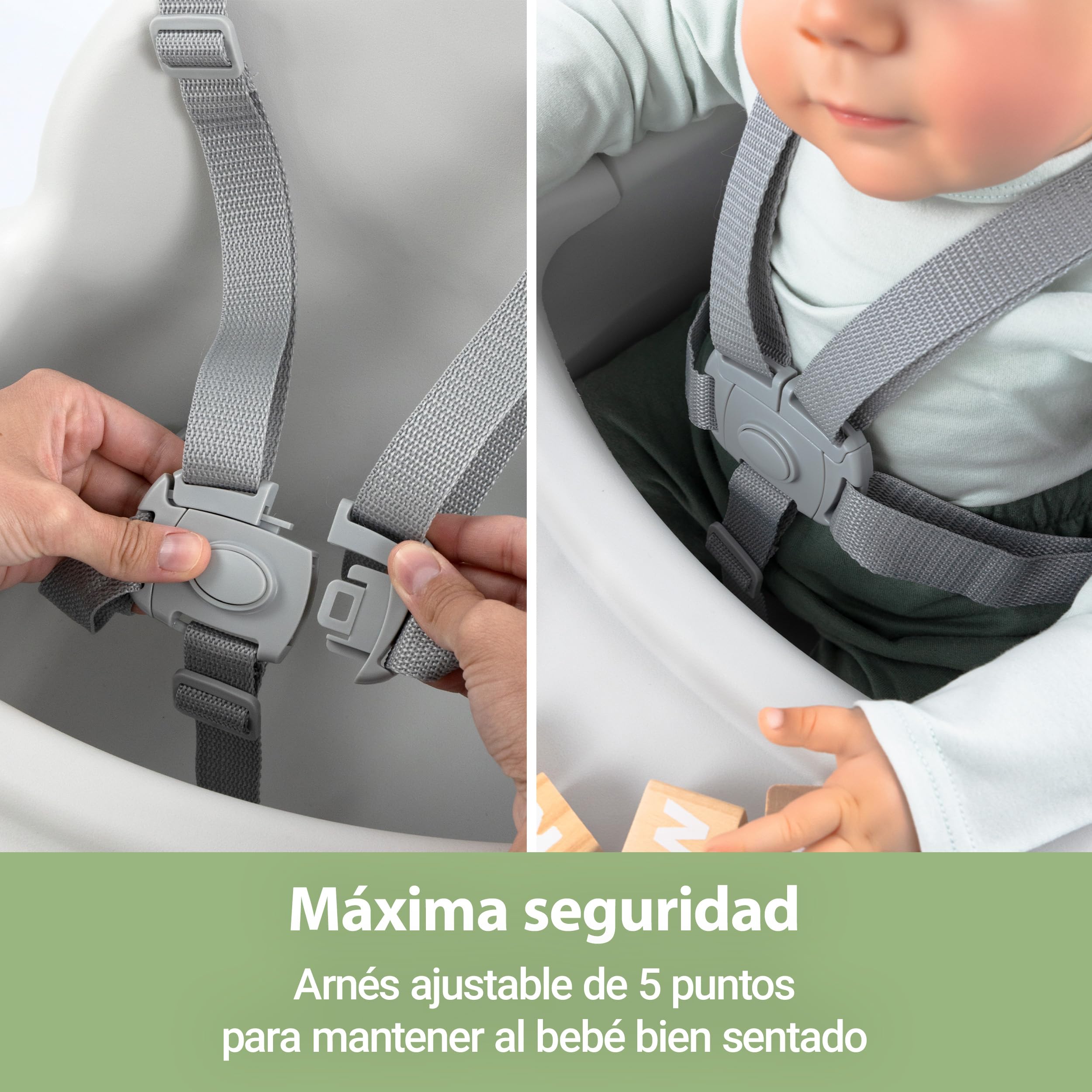 Zamboo Tronas de Bebé Ligeras desde 6 Meses 3,5 kg | Silla Alta Comedor Evolutiva con Diseño Madera - Bandeja Extraíble Grande y Arnés Seguridad 5 Puntos | Portátil - Antivuelco, hasta 15 kg – Gris