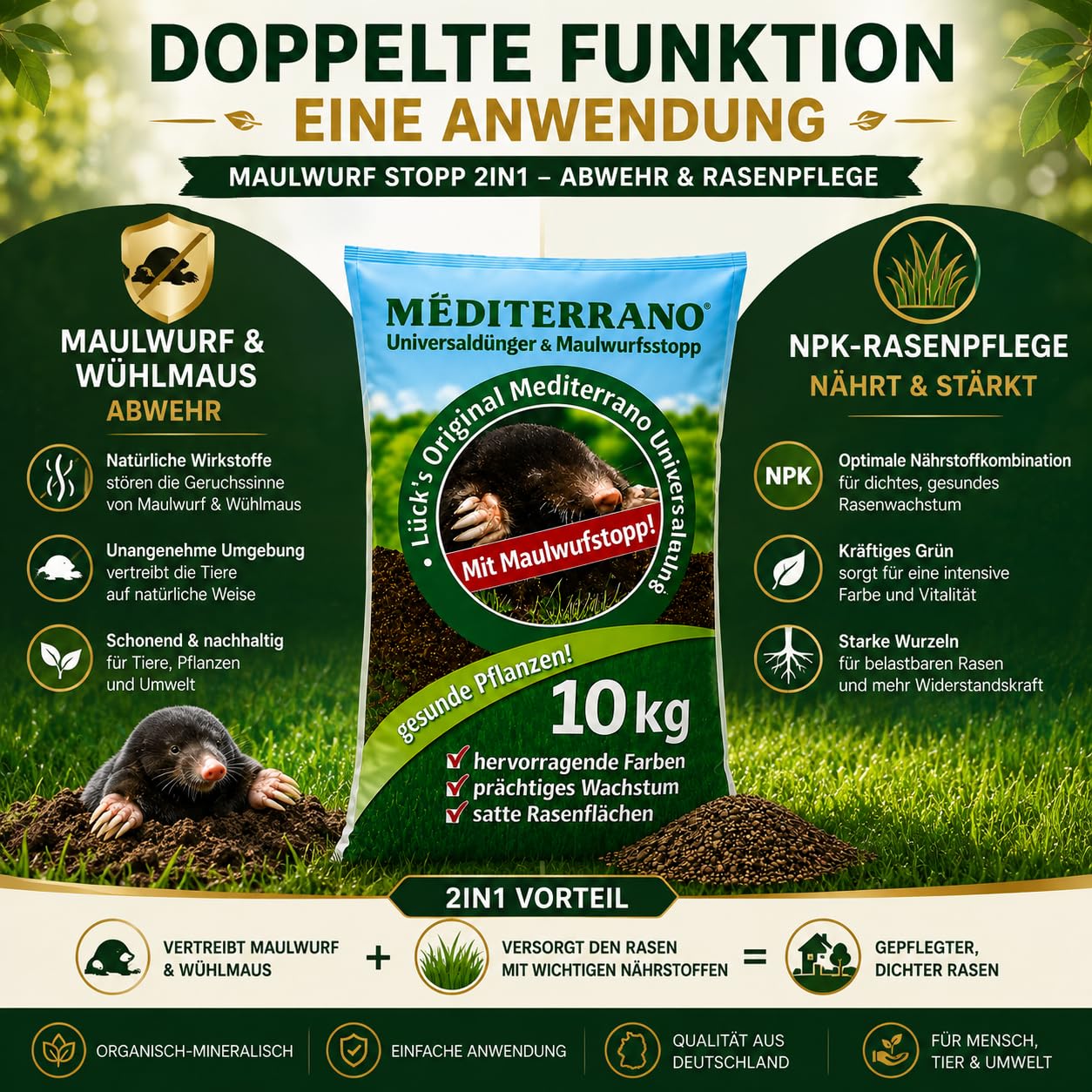 Mediterrano Maulwurf Stopp 2in1 10 kg – Maulwurf- & Wühlmaus-Vertreibung für Garten und Rasen – Effektive Maulwurfabwehr gegen Maulwürfe und Wühlmäuse – Einfache Anwendung