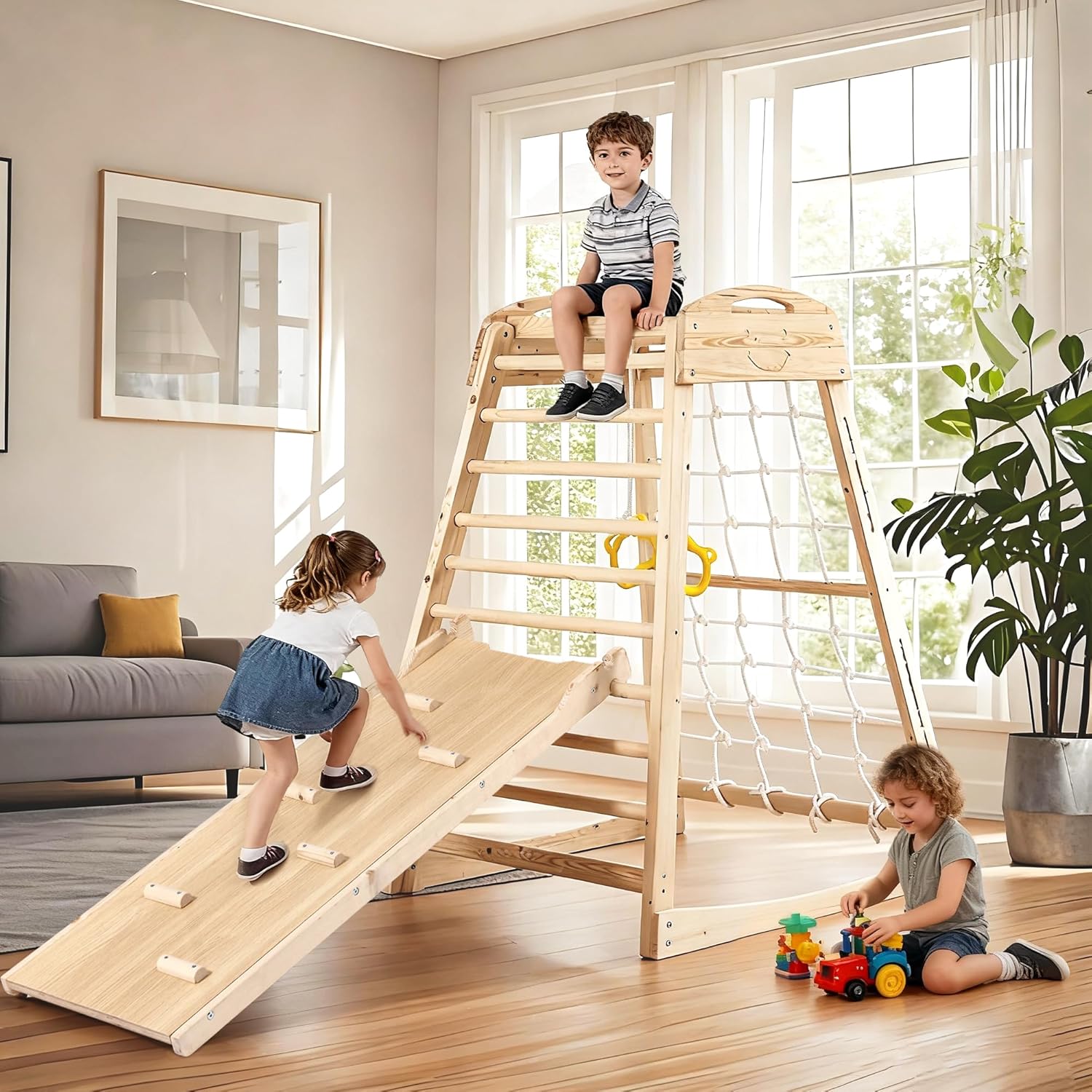 Indoor Jungle Gym, Wooden Indoor Playground, (7 in 1) Toddler Climbing Toys, Gym with Slide, Climbing Net, Swing, Gymnastics Ring