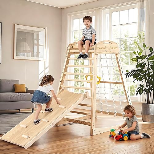 Miniatura 8 de Jungle Gym - Zona de juegos interior de madera para interiores, (7 en 1) juguetes de escalada de madera para niños, gimnasio con tobogán, red de