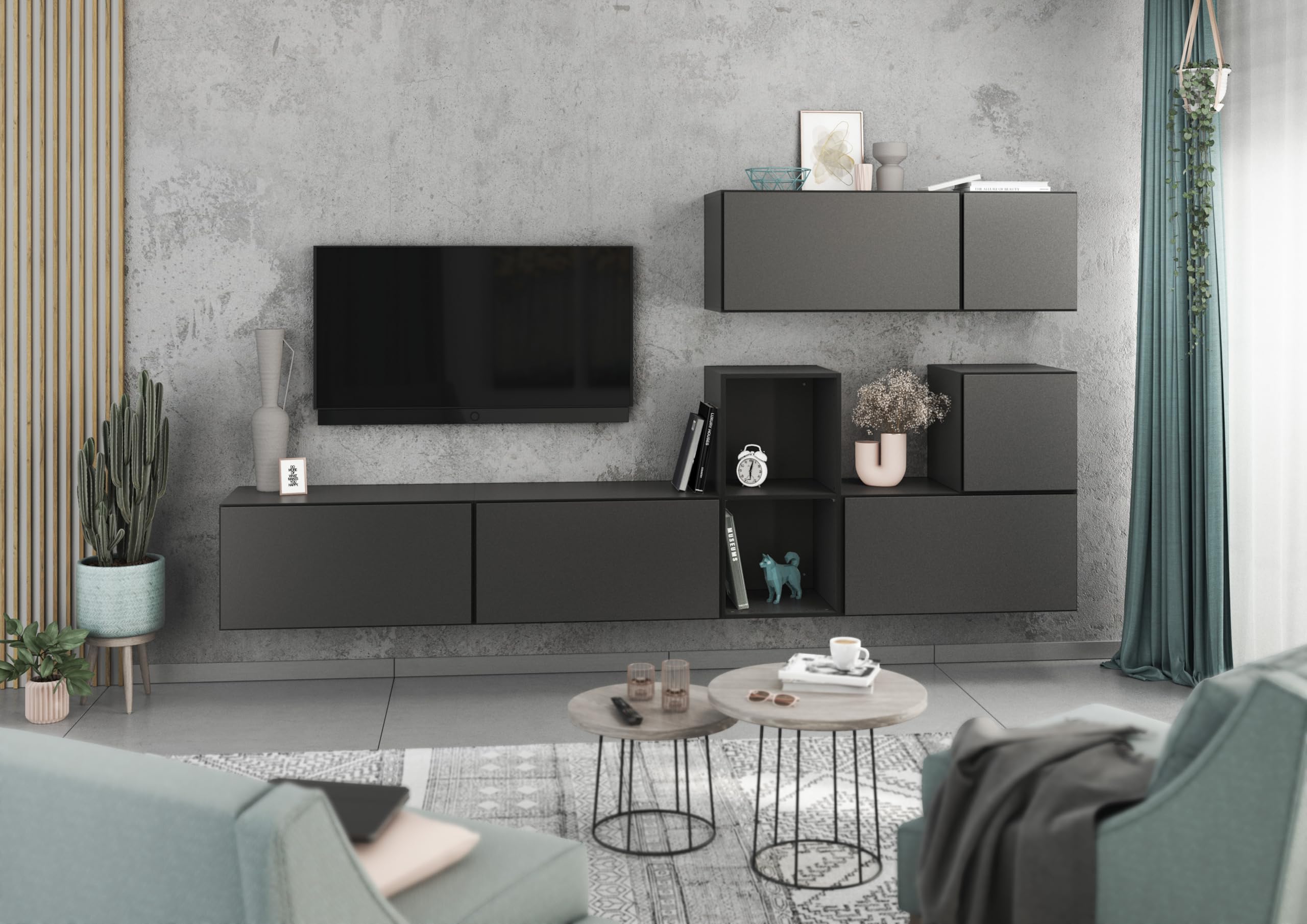 BMG Möbel Wohnzimmer Wohnwand Set 7-teilig MDF Softclose Anthrazit Matt