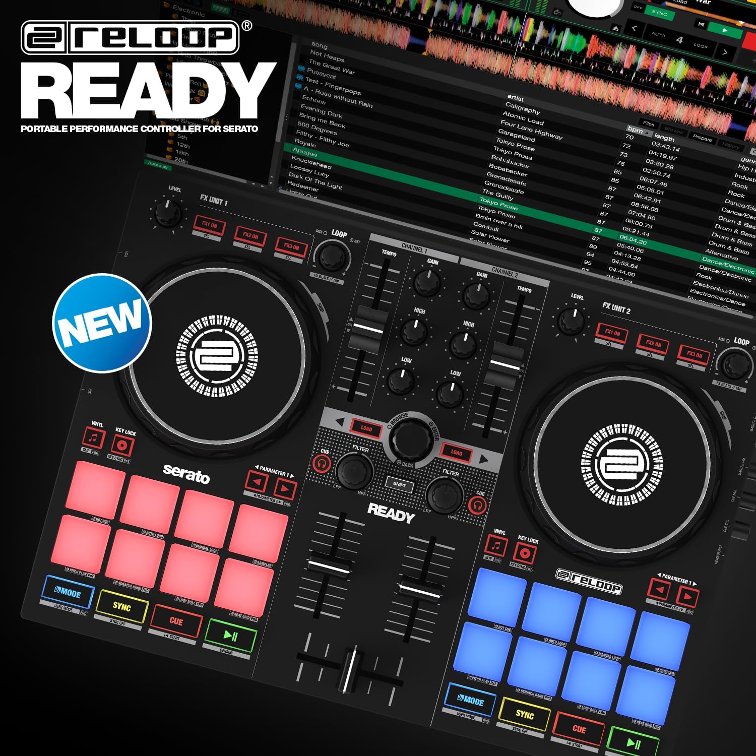 Reloop Ready Compact Prep 2-Deck DJ Controller designed for Serato DJ Lite (included) & DJ Pro, Built-in USB Audio Interface