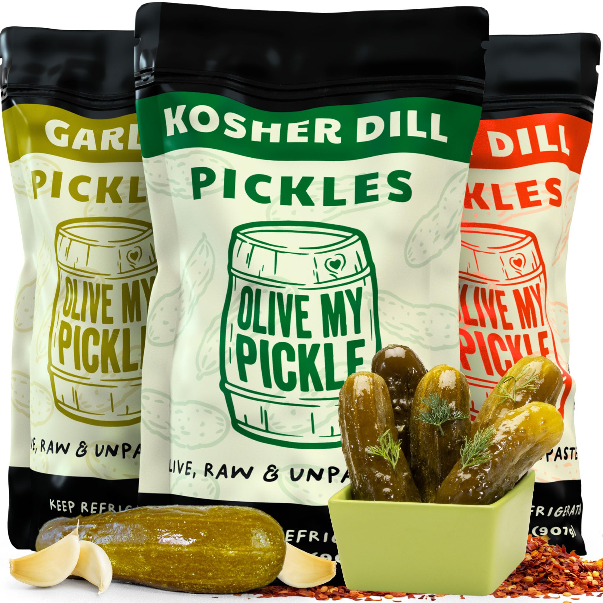Olive My Pickle Fermented Pickles Probiotic Variety Pack - 96 Ounces | 3-Pack Bundle of Kosher Dill, Garlic, Spicy Kosher Dill Pickles and Brine with Digestive Enzymes for Gut Health - 32 oz per bag