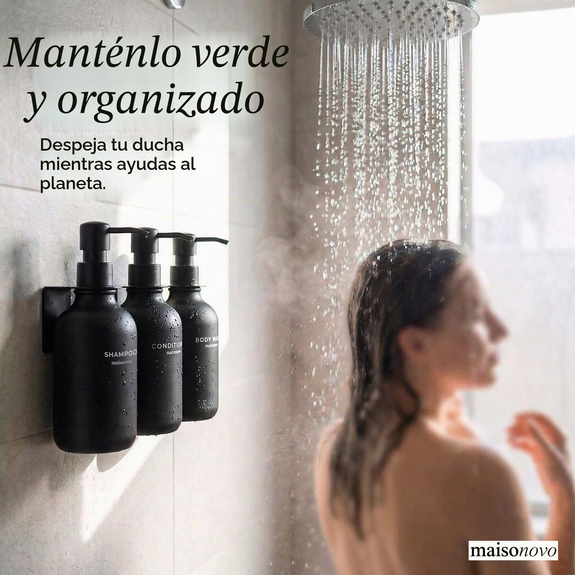 MaisoNovo Dispensador de champú y acondicionador - Dispensador de jabón para Ducha montado en la Pared, Juego de 3 Botellas de plástico Negras con Bombas de plástico Negras