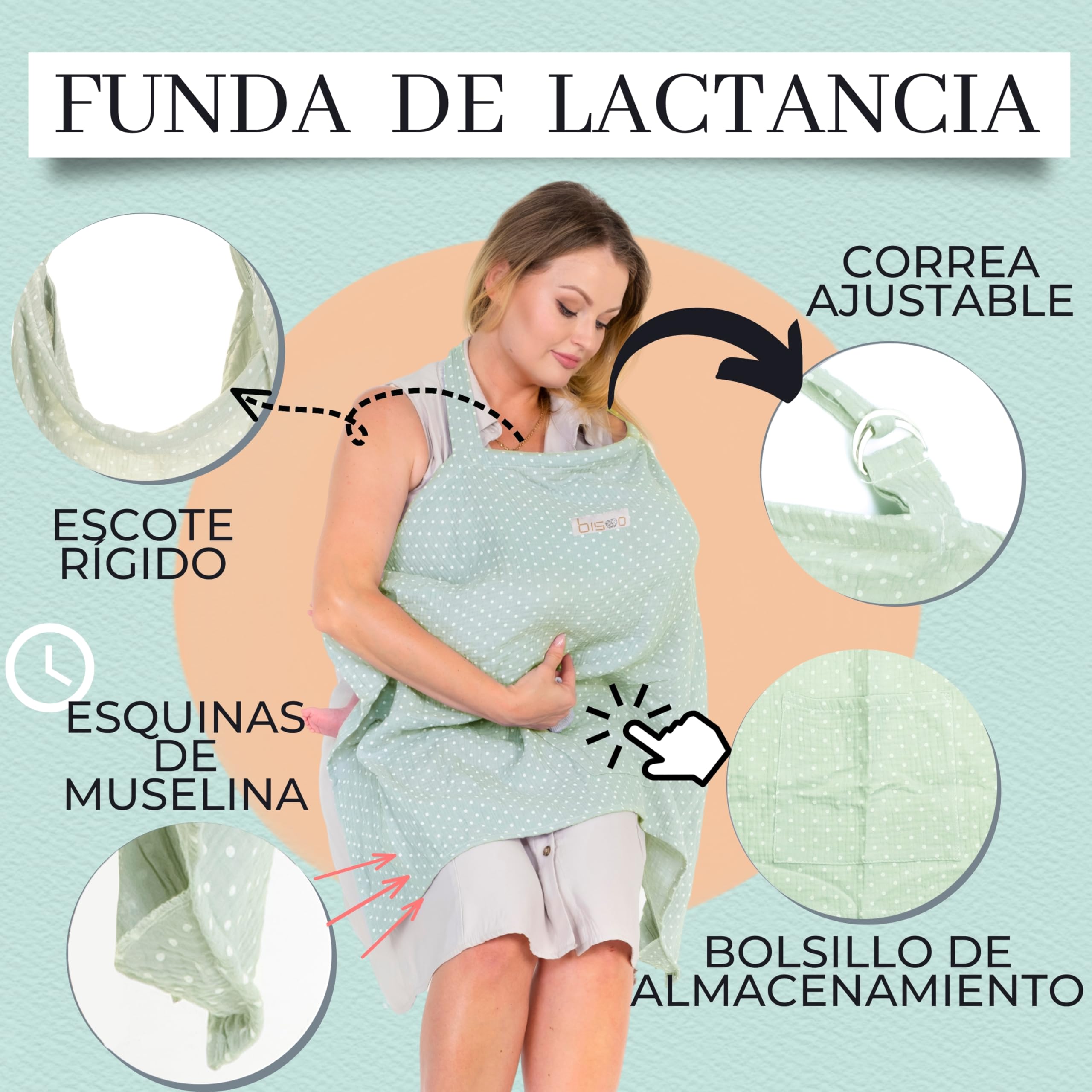Bisoo Delantal de Lactancia 100% Muselina - Pañuelo Ajustable y Transpirable - Cubierta Multifuncional con Bolsa Incluida (Menta)