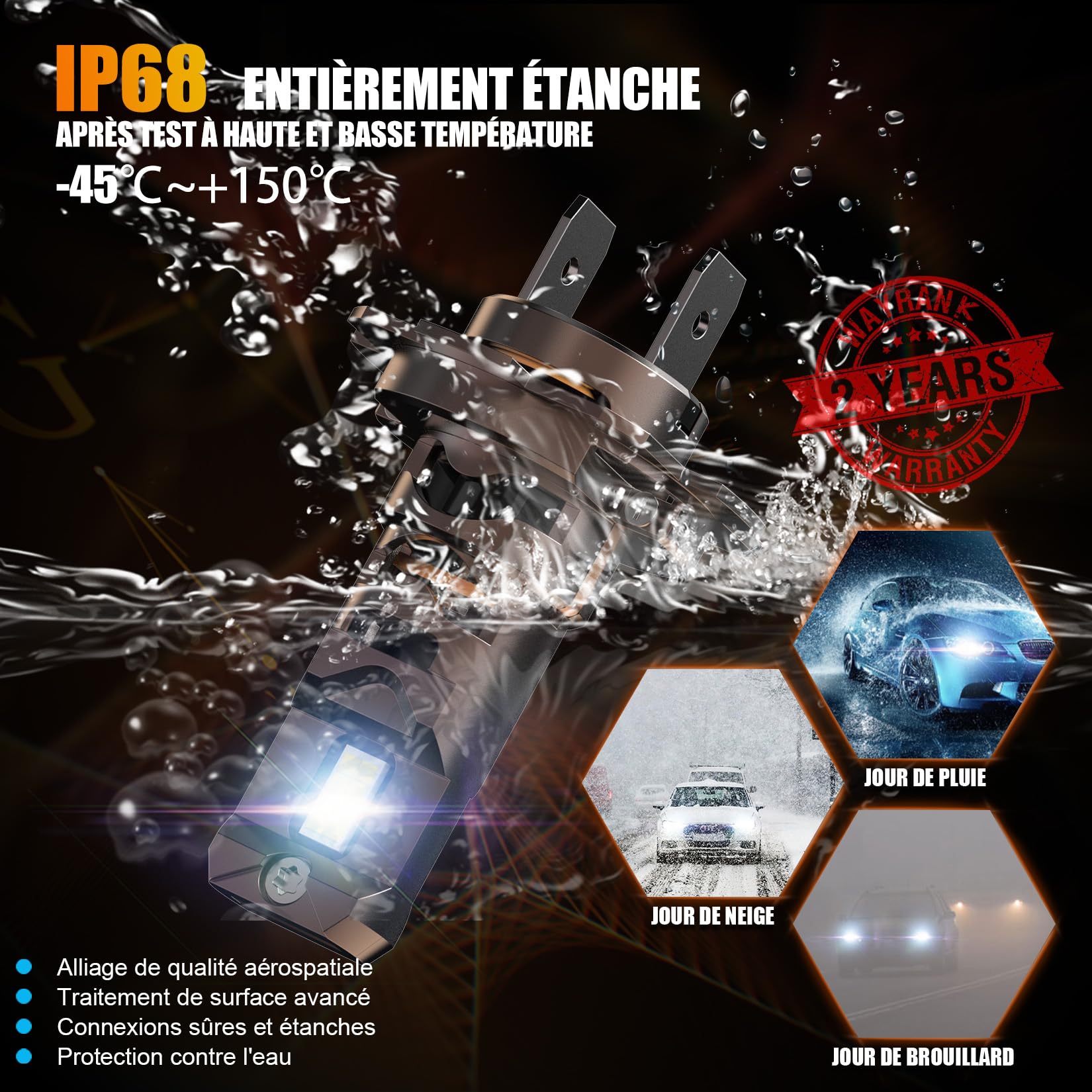 Ampoule H7 LED 36000LM, 120W, 6500K Lumière Blanche, Remplacement pour Halogènes, 1:1 Taille Halogène, Plug and Play, 70000+ Heures de Durée de Vie, 2 Pièces (H7)