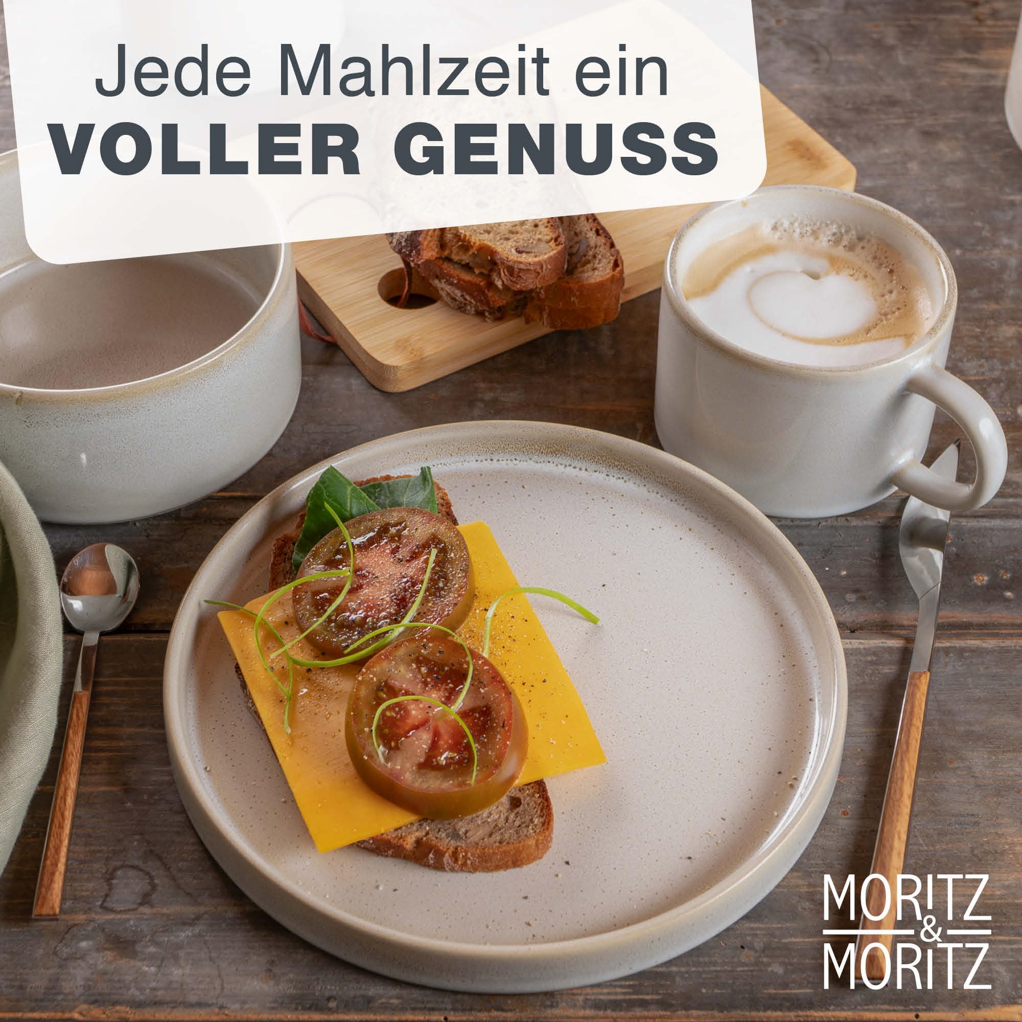 Moritz & Moritz CASTELLO 40-teiliges Geschirrset 8 Personen Beige - Teller Set aus Steinzeug - Geschirr Set Beige aus je 8 Dinnerteller, Dessertteller, Suppenteller, Schüsseln und Tassen