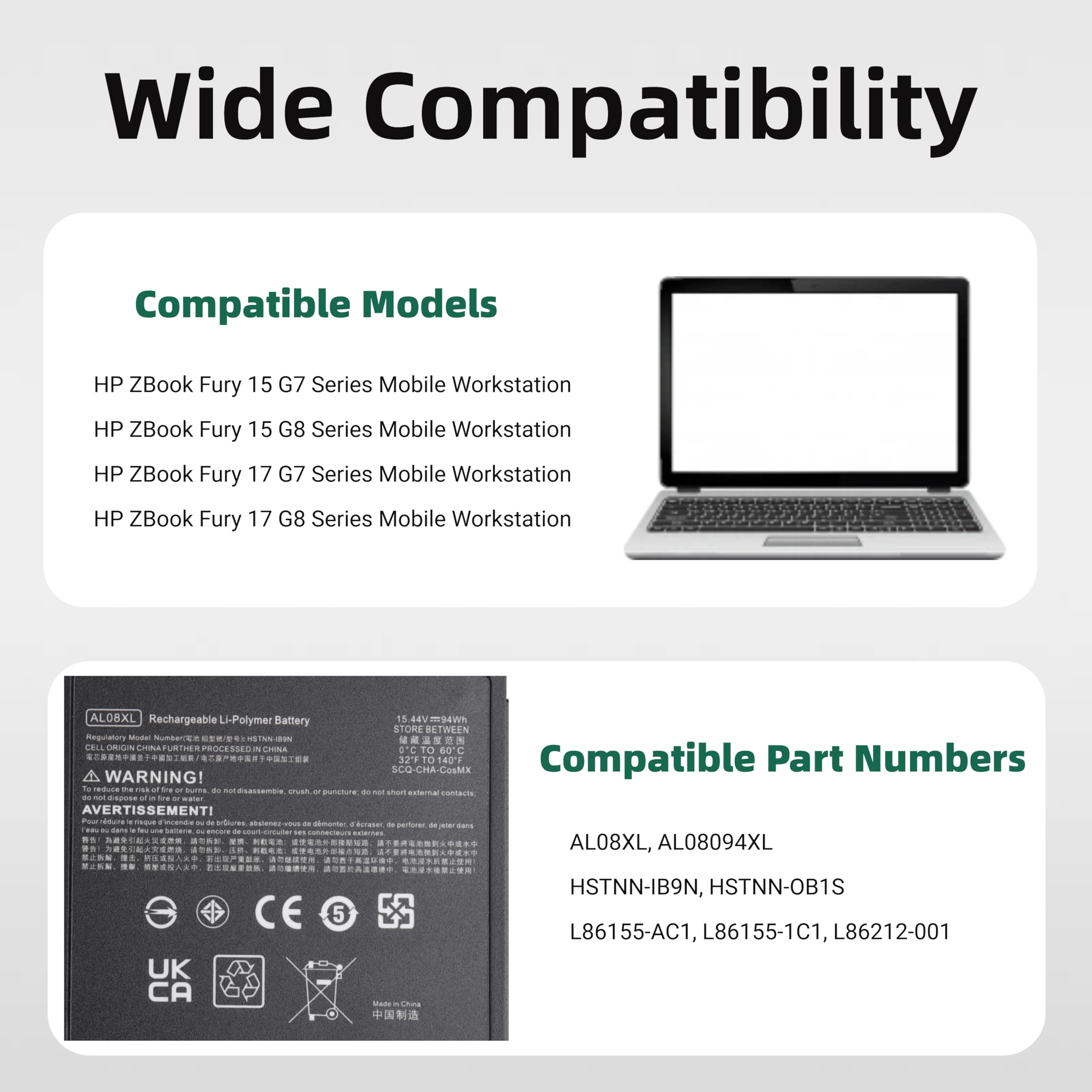 AL08XL Laptop-Akku Kompatibel mit HP ZBook Fury 15 G7/G8 ZBook Fury 17 G7/G8 Mobile Workstation Series – AL08094XL HSTNN-IB9N L86212-001 HSTNN-OB1S L86155-AC1 L86155-1C1-15,44V 94Wh