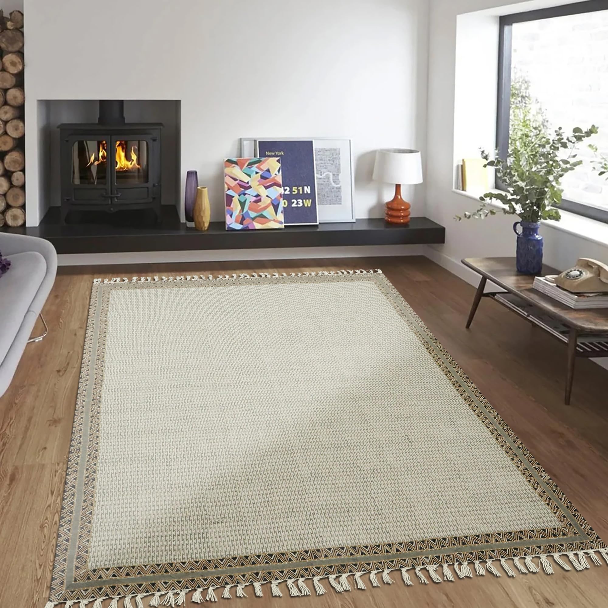 Kelim-Teppich, handbedruckt, Baumwolle, 3 m, quadratisch, grau-braun, Stickerei, geometrisches Design, Handoberfläche, waschbar, 0,5 cm dick, Boho-Flachgewebe, Teppiche für Flur, Esszimmer