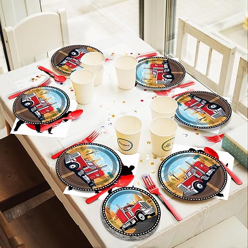 Miniatura 7 de gisgfim 50 invitados semi camión decoración de fiesta semi camión platos y servilletas decoración de fiesta para fiesta de cumpleaños platos juego