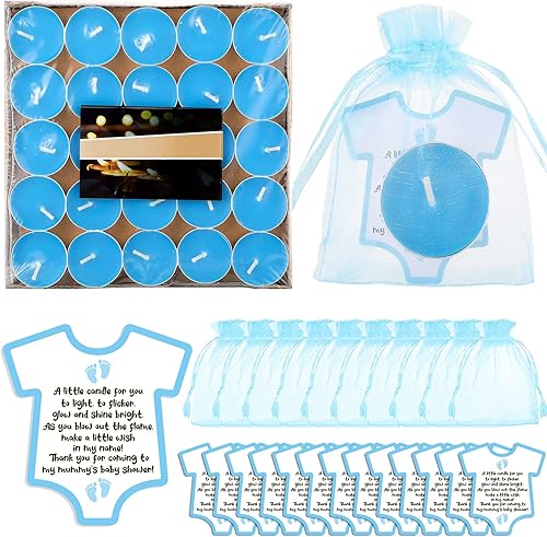50 juegos de velas de té para invitados con 50 tarjetas y 50 bolsas de organza para niños, niñas, invitados, amigos, baby shower, revelación de