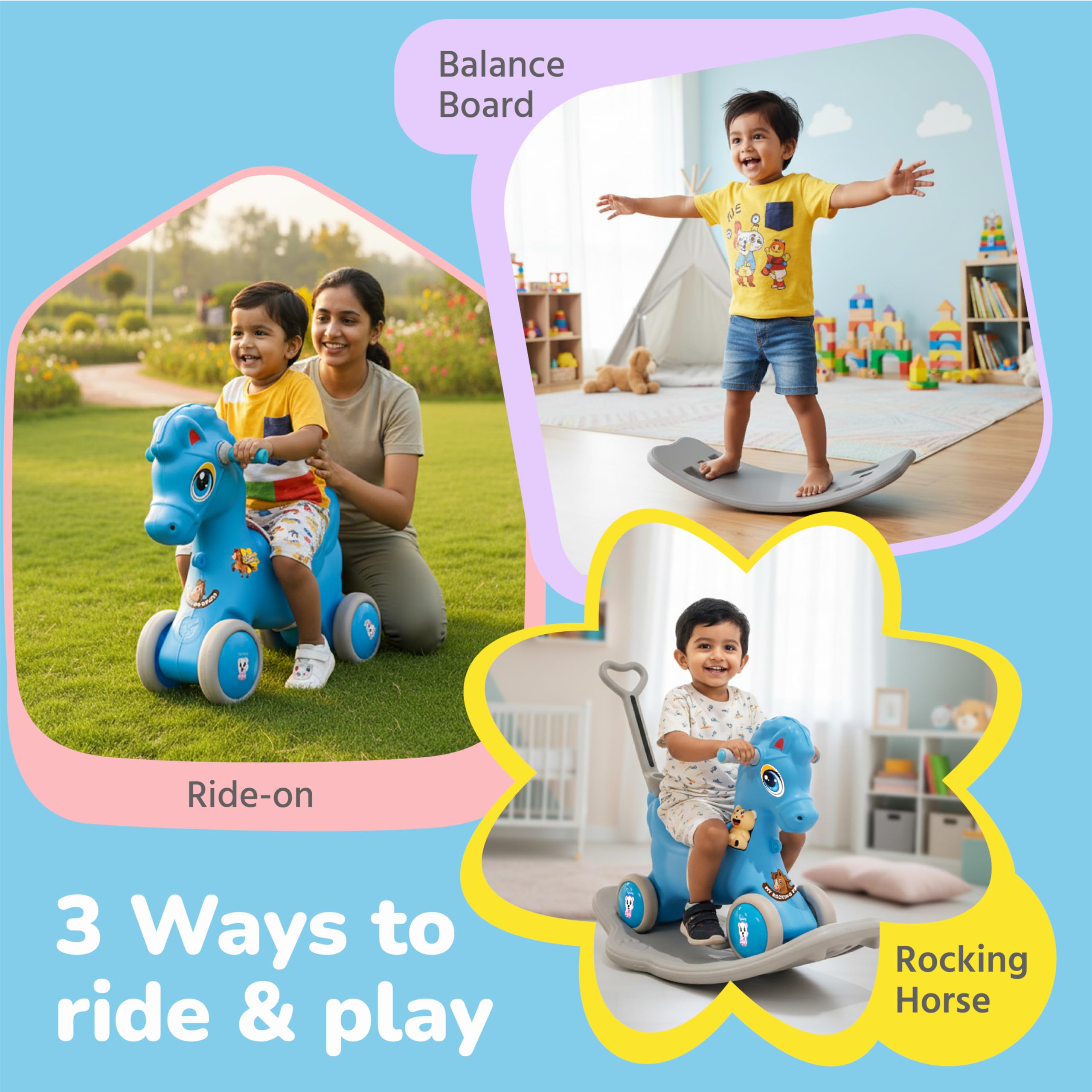 Lifelong 3-in-1 Horse Ride On for Kids 1-5 Years | Balance, Rock & Ride Modes with Safety Belt & Backrest | Parental Handle, Wide Anti-Slip Base | Non-Toxic PE Body Toy (LLCRK02) — Amazon image 5
