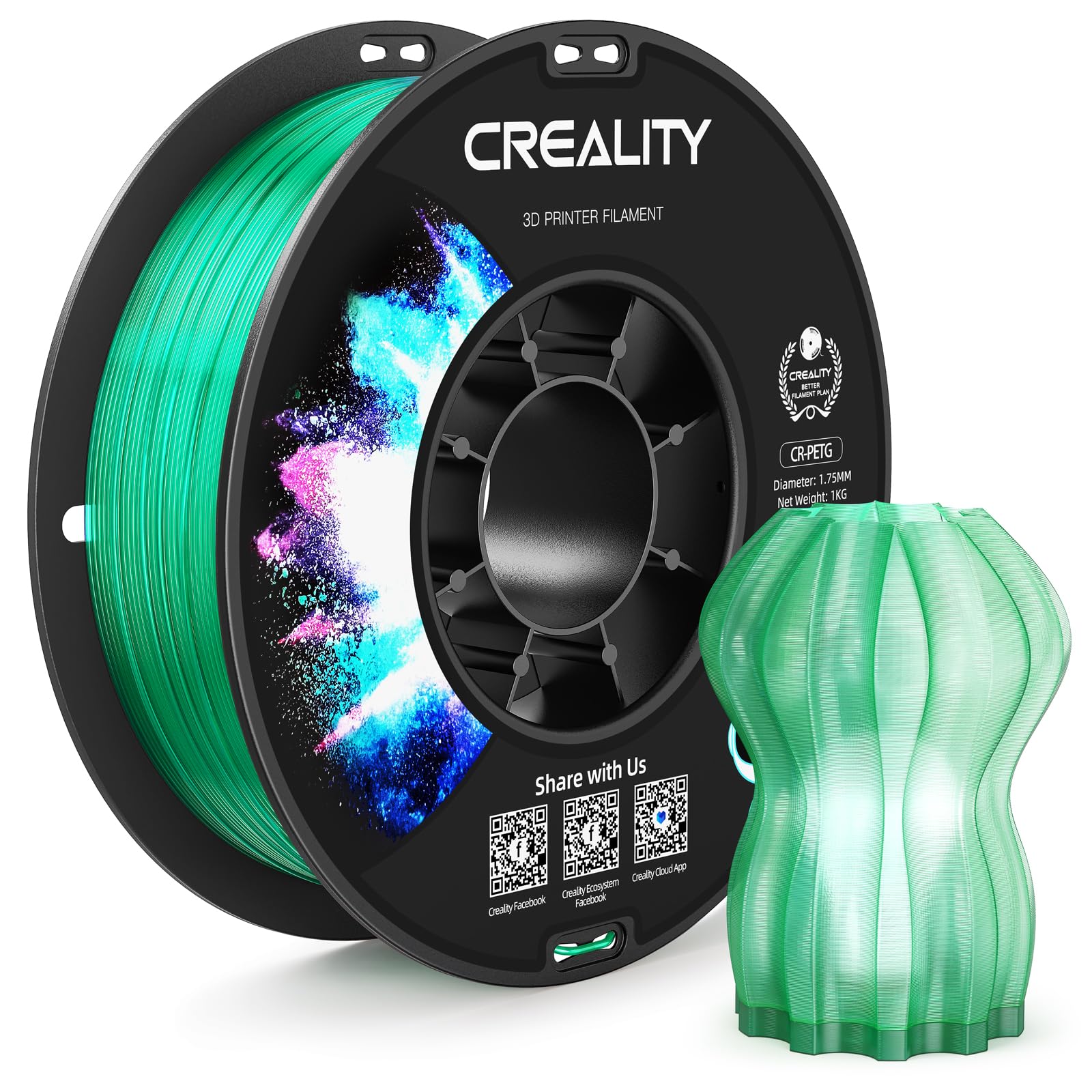 CREALITY PETG Filament 1.75mm 3D Printer Filament, 1kg (2.2lb) Neatly Wound Spool, Dimensional Accuracy ±0.03mm, Fit for Ender, Bambu Lab, Anycubic,ELEGOO FDM Printers, Transparent Green