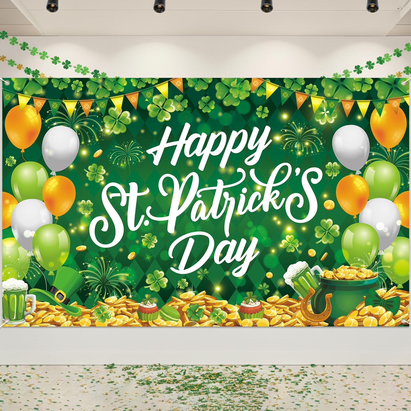 Happy St Patricks Day Banner Decorations St Patricks Day Backdrop 71x43Iin Lucky Irish Green Shamrock Background Saint Patrick Party Decorations Banner Photo Booth Shoot Studio Props (Green Four-leaf)