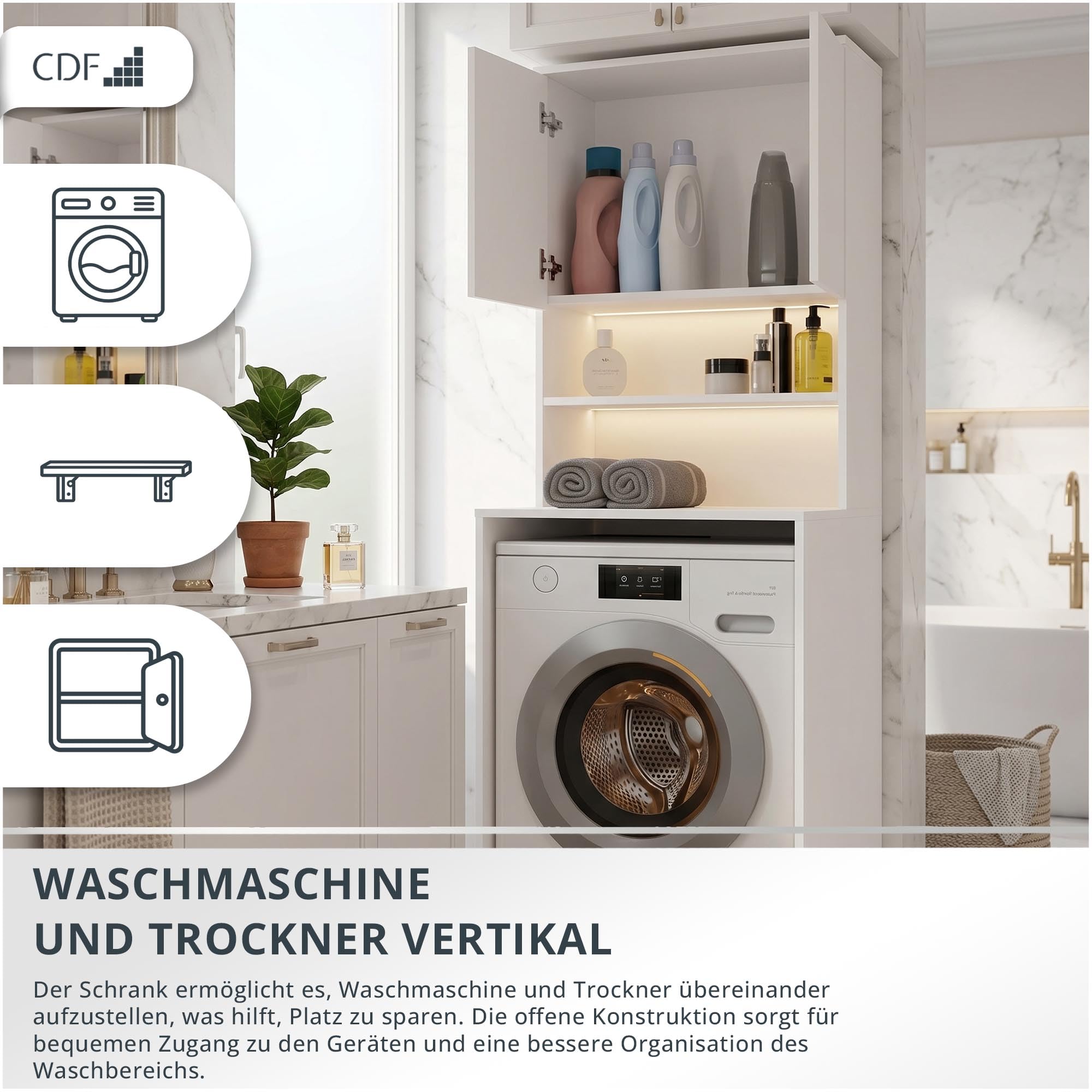 CDF Waschmaschinenschrank 2 Türen Hochschrank Badschrank Hochschrank Überbauschrank für Waschmaschine, Wäschetrockner Badezimmer Schrank Möbel Waschmaschinenumbauschrank Weiß 64x64x180 cm