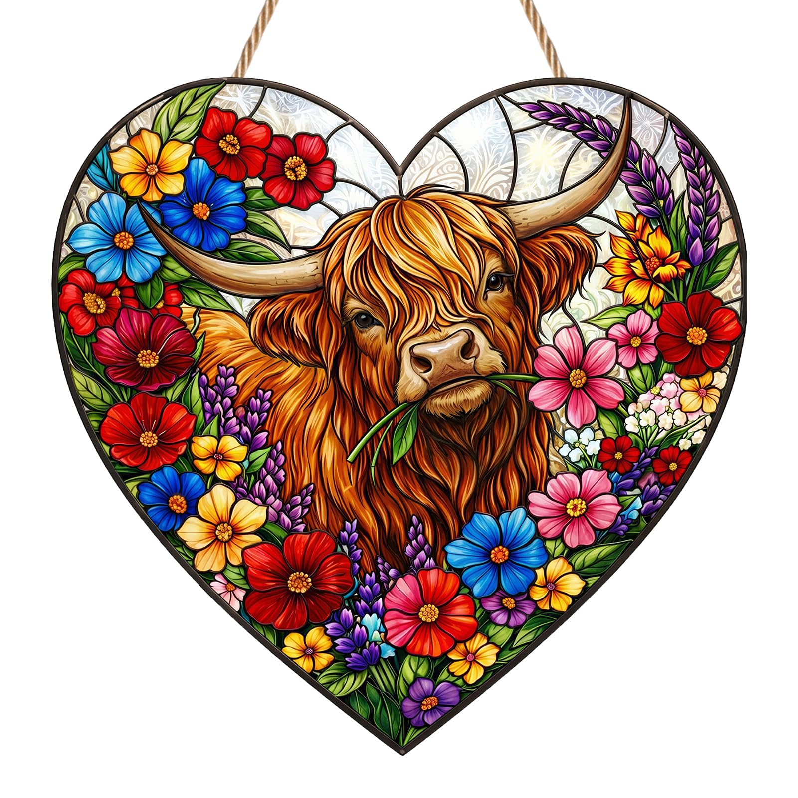 Highland Cow Suncatcher, Heart-Shaped Highland Cow Ornament, Acrylic Stained Glass Style Sun Catcher for Windows, Charming Hanging Decoration for Home, Garden and Balcony