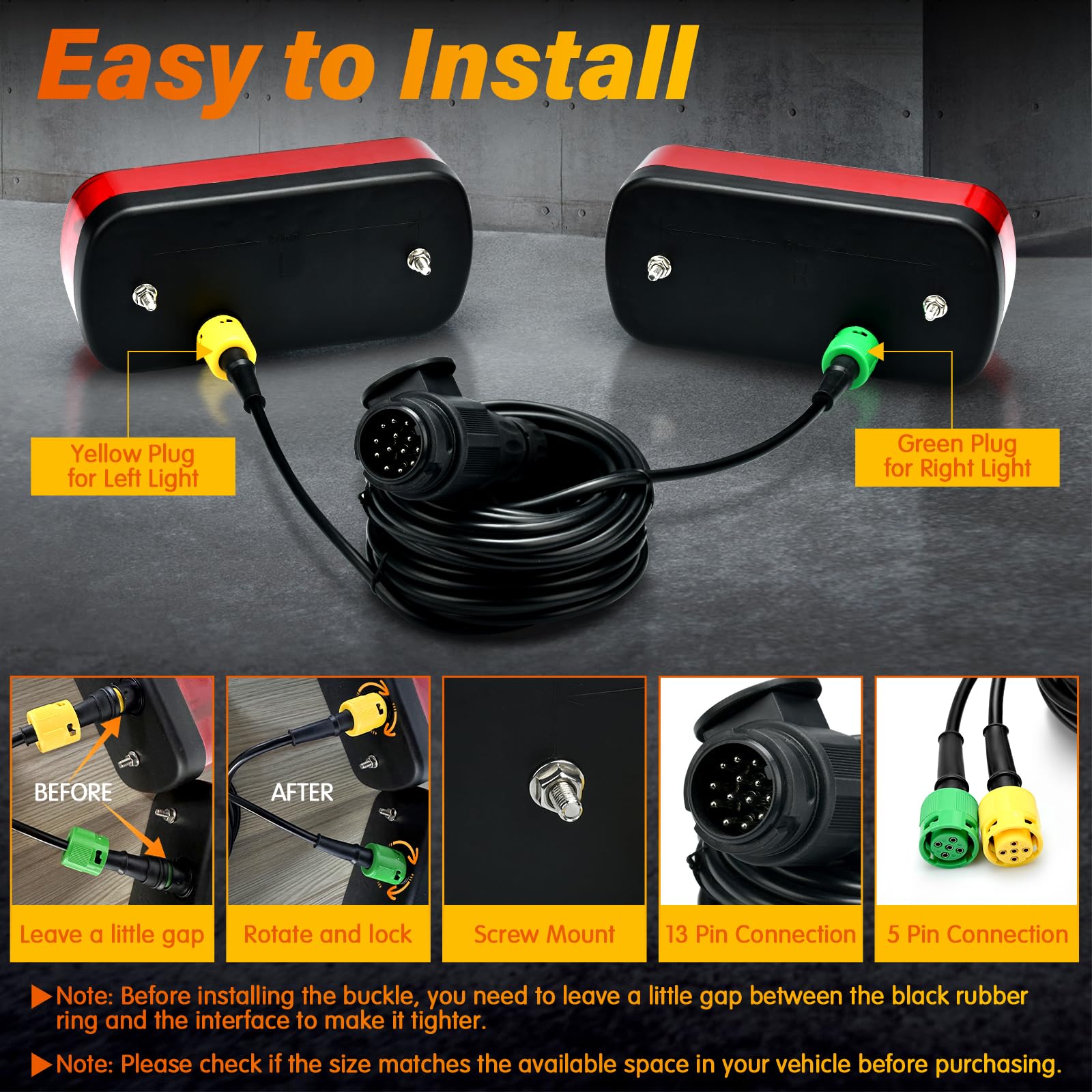 2PCS Fanali Posteriori Rimorchio Kit,12V Fanali Posteriori Rimorchio,Universale Luci Rimorchio con Spina 13 Poli 5,5m Di Lunghezza Cavo,certificazione E11,per RV/Autocarro/Trattore/Rimorchio/Camion