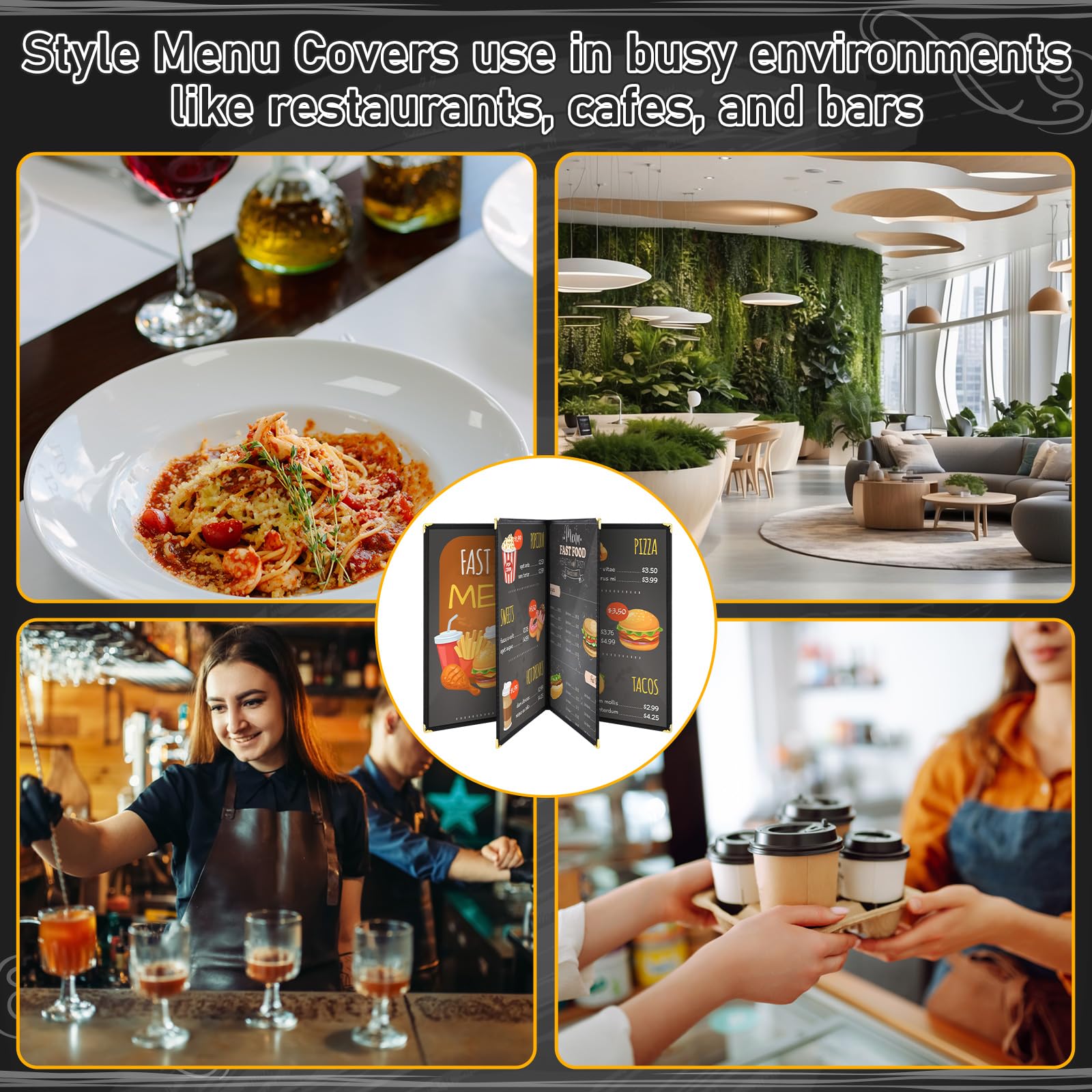 Cinnvoice 24 fundas para menú de restaurante de 8.5 x 11 pulgadas, estilo libro, 4 páginas, 8 vistas, PVC, transparente, soporte para menú, libro para cafetería, bar, hotel, color negro