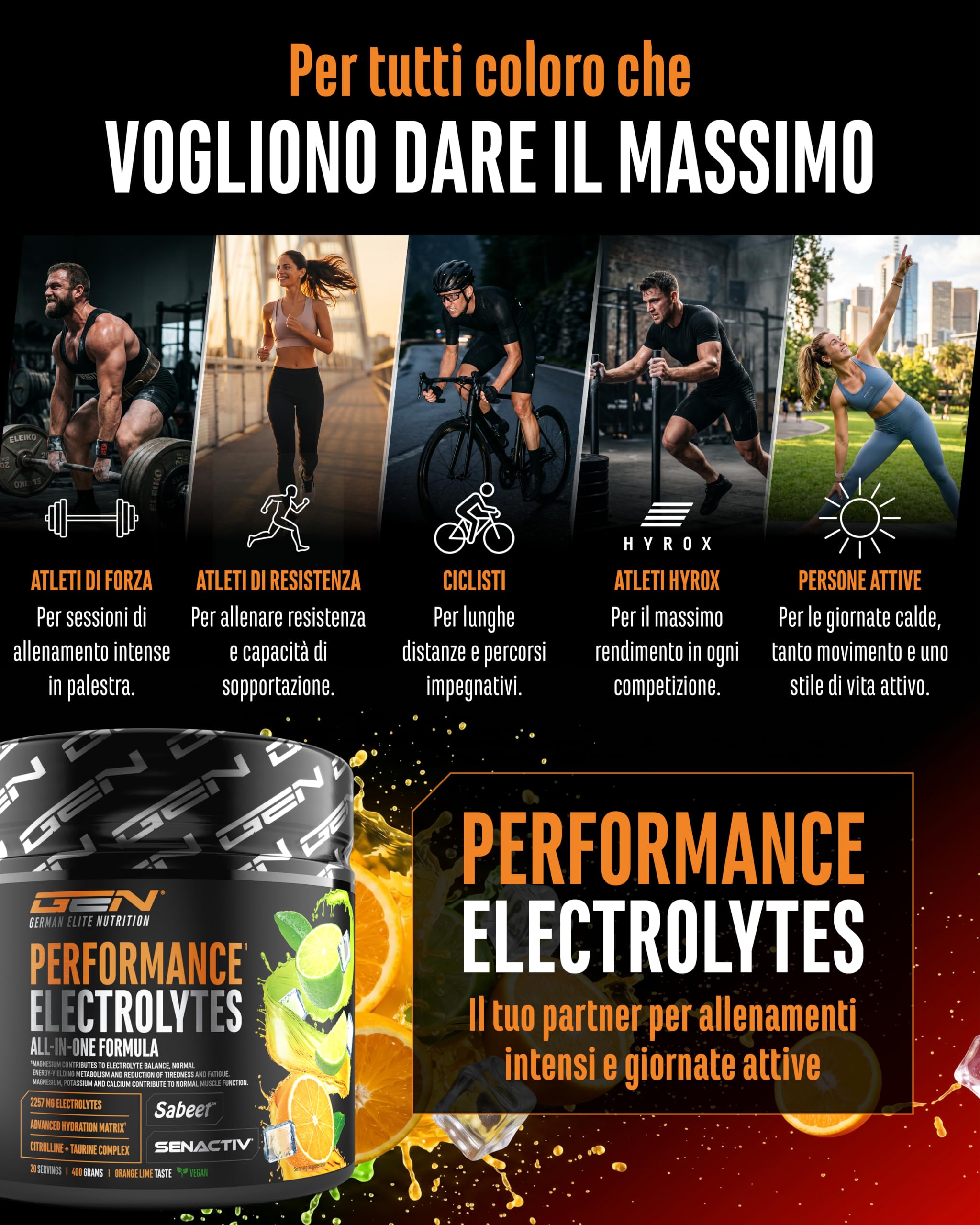 Performance Electrolytes - 400 g (20 Porzioni) - Advanced Hydration Matrix con Sodio, Potassio, Magnesio, Calcio e Cloruro - con Citrullina e Taurina - Senza Zucchero - Vegano - Gusto Arancia Lime