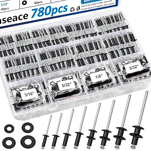 smseace Juego de 780 remaches negros con arandela surtido, 14 tamaños de remaches de aluminio SAE (332 pulgadas 18 pulgadas 532 pulgadas 316