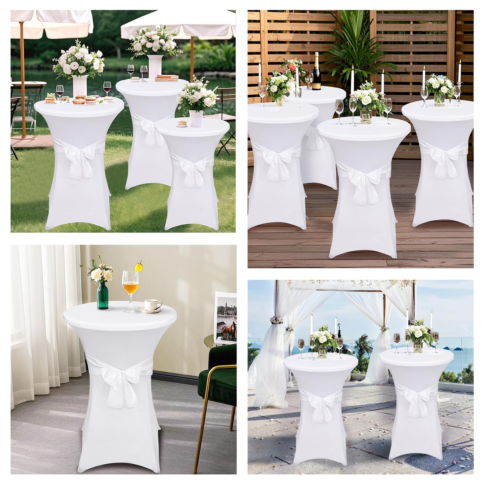 Alishomtll Lot de 3 housses de table haute avec nœud, diamètre 80 cm, extensibles, élégantes housses de table pour table de bistrot, table haute, banquet, mariage (Ø 80 x 110 cm, blanc)